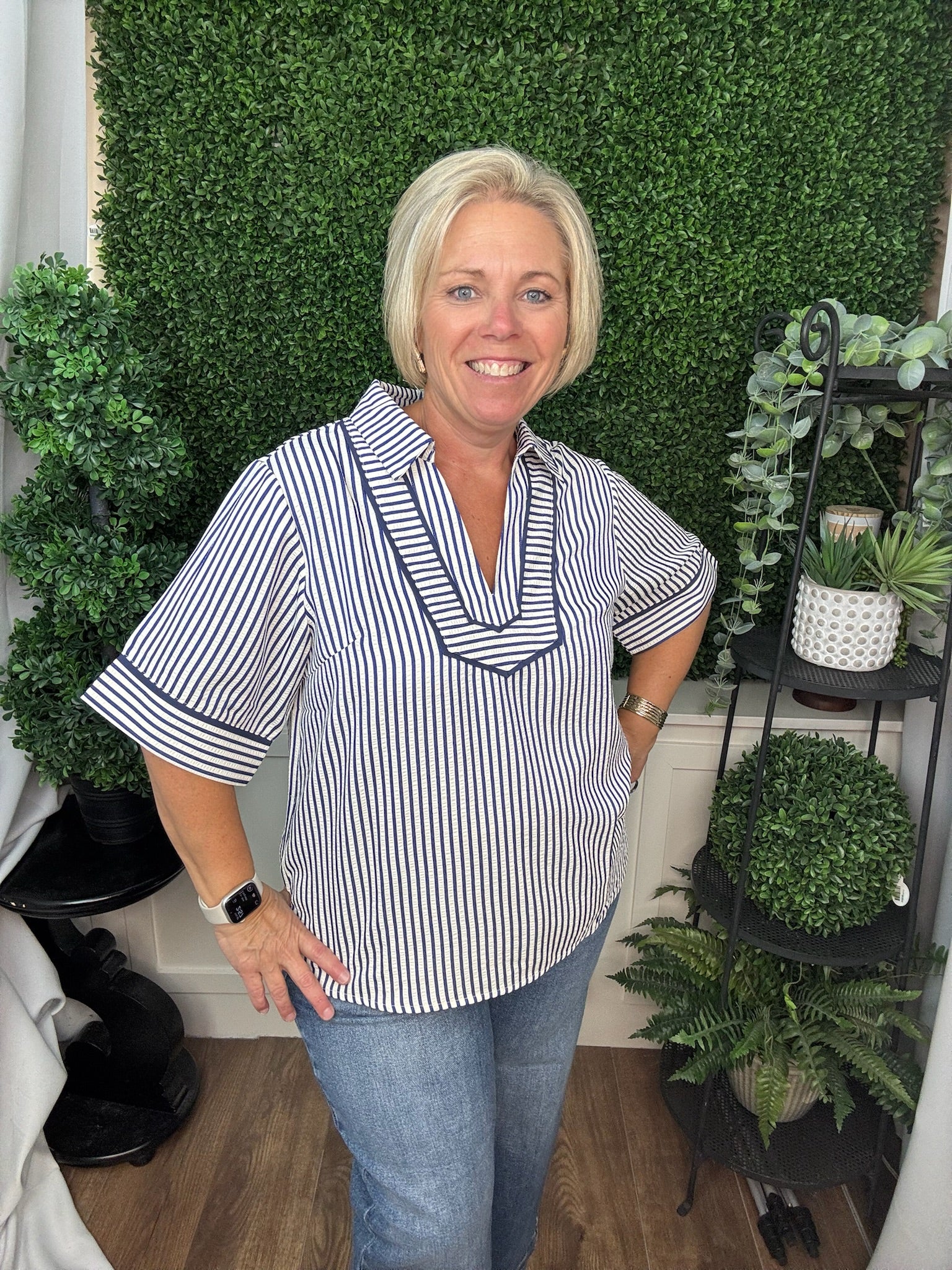 HALF SLEEVE COLLARED STRIPED WOVEN TOP WITH CONTRAST PIPING - NAVY