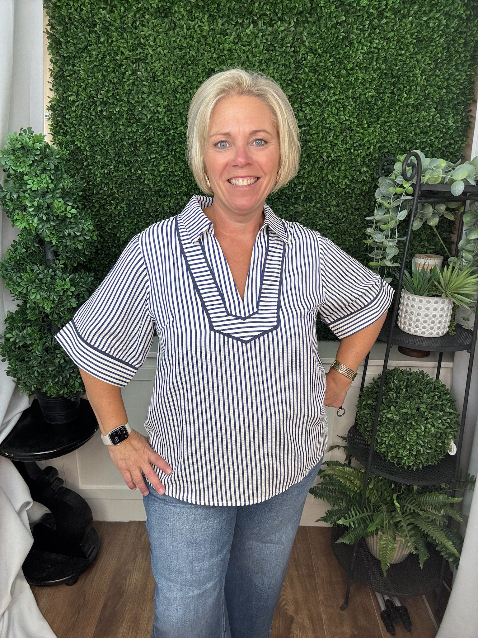 HALF SLEEVE COLLARED STRIPED WOVEN TOP WITH CONTRAST PIPING - NAVY