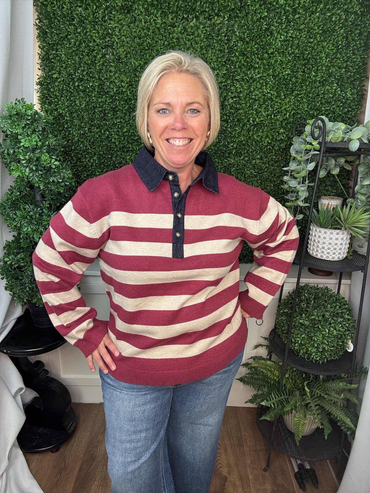 LONG SLEEVE DENIM COLLAR STRIPE SWEATER TOP - BERRY