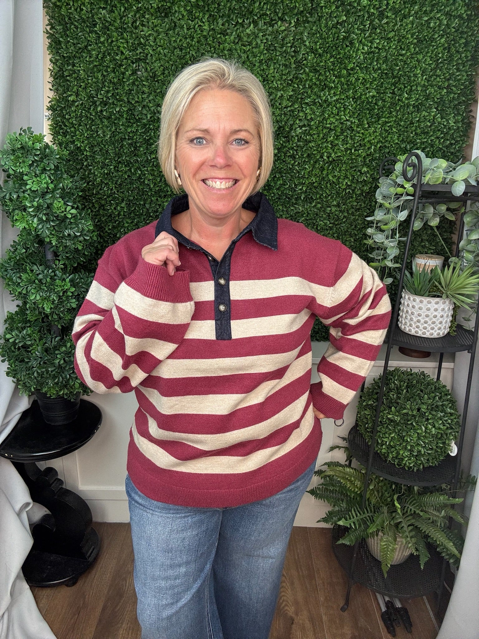 LONG SLEEVE DENIM COLLAR STRIPE SWEATER TOP - BERRY