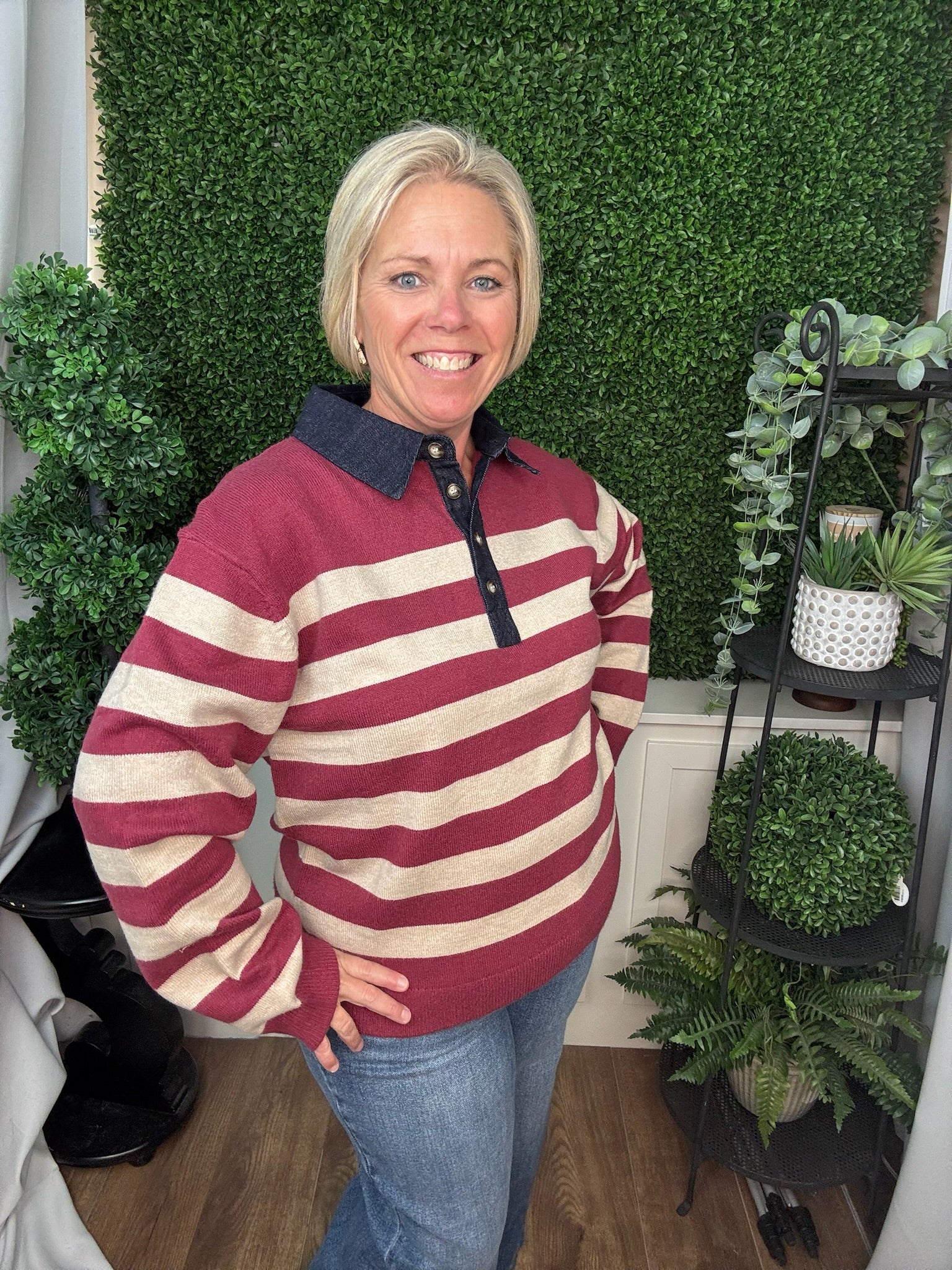 LONG SLEEVE DENIM COLLAR STRIPE SWEATER TOP - BERRY