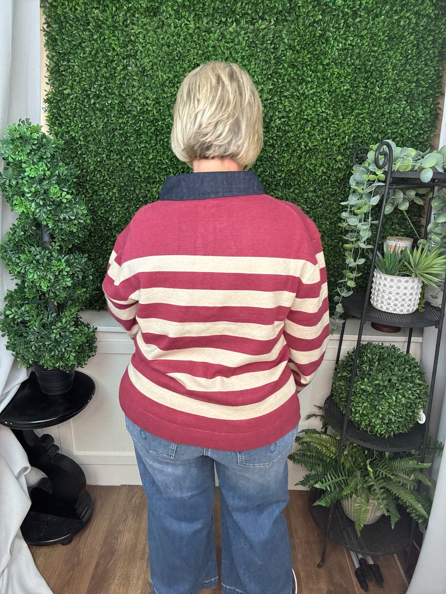 LONG SLEEVE DENIM COLLAR STRIPE SWEATER TOP - BERRY