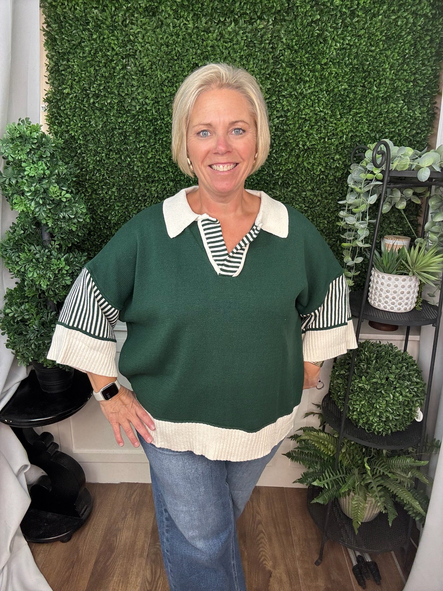 HALF SLEEVE SWEATER TOP - GREEN