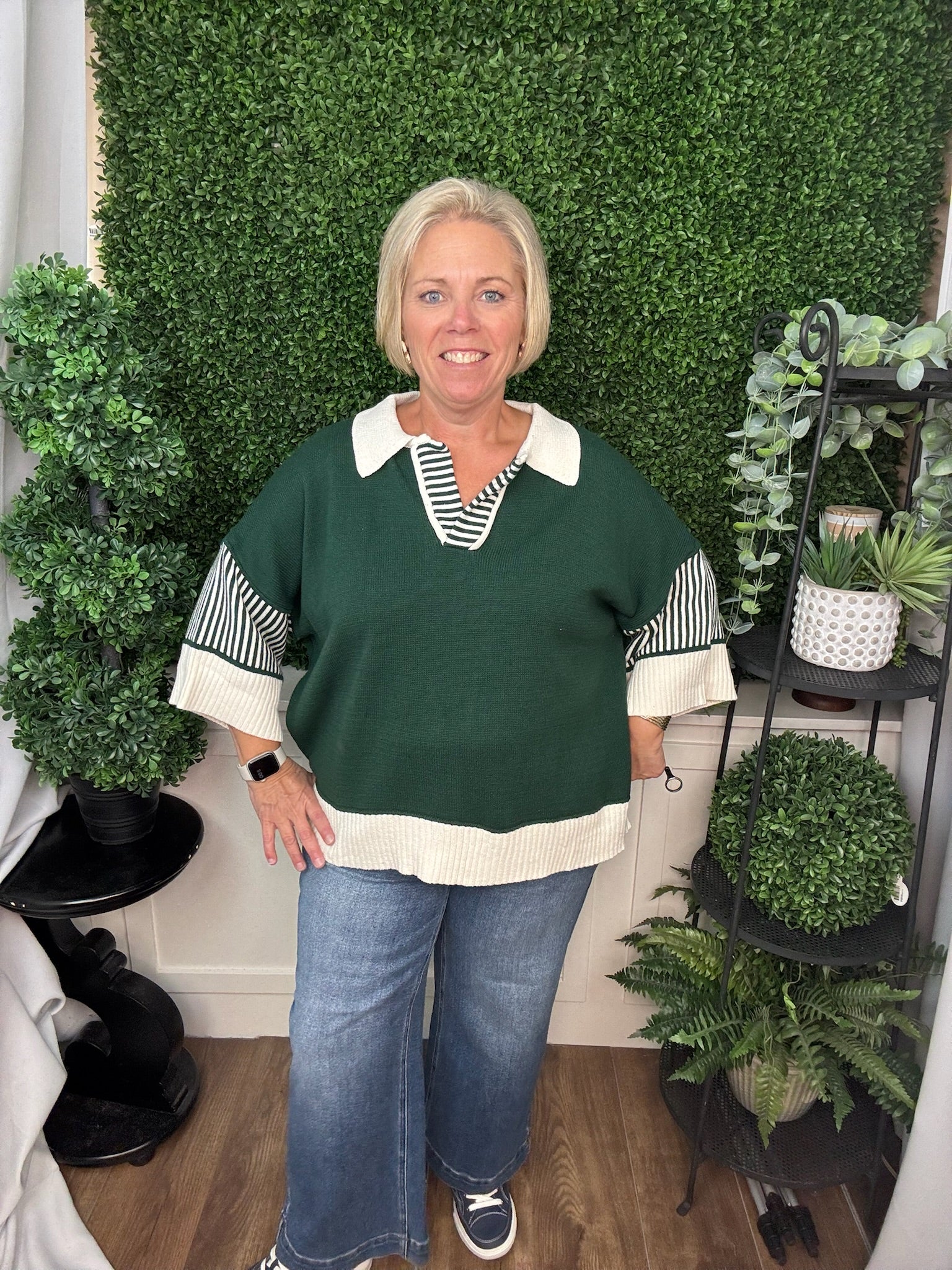 HALF SLEEVE SWEATER TOP - GREEN