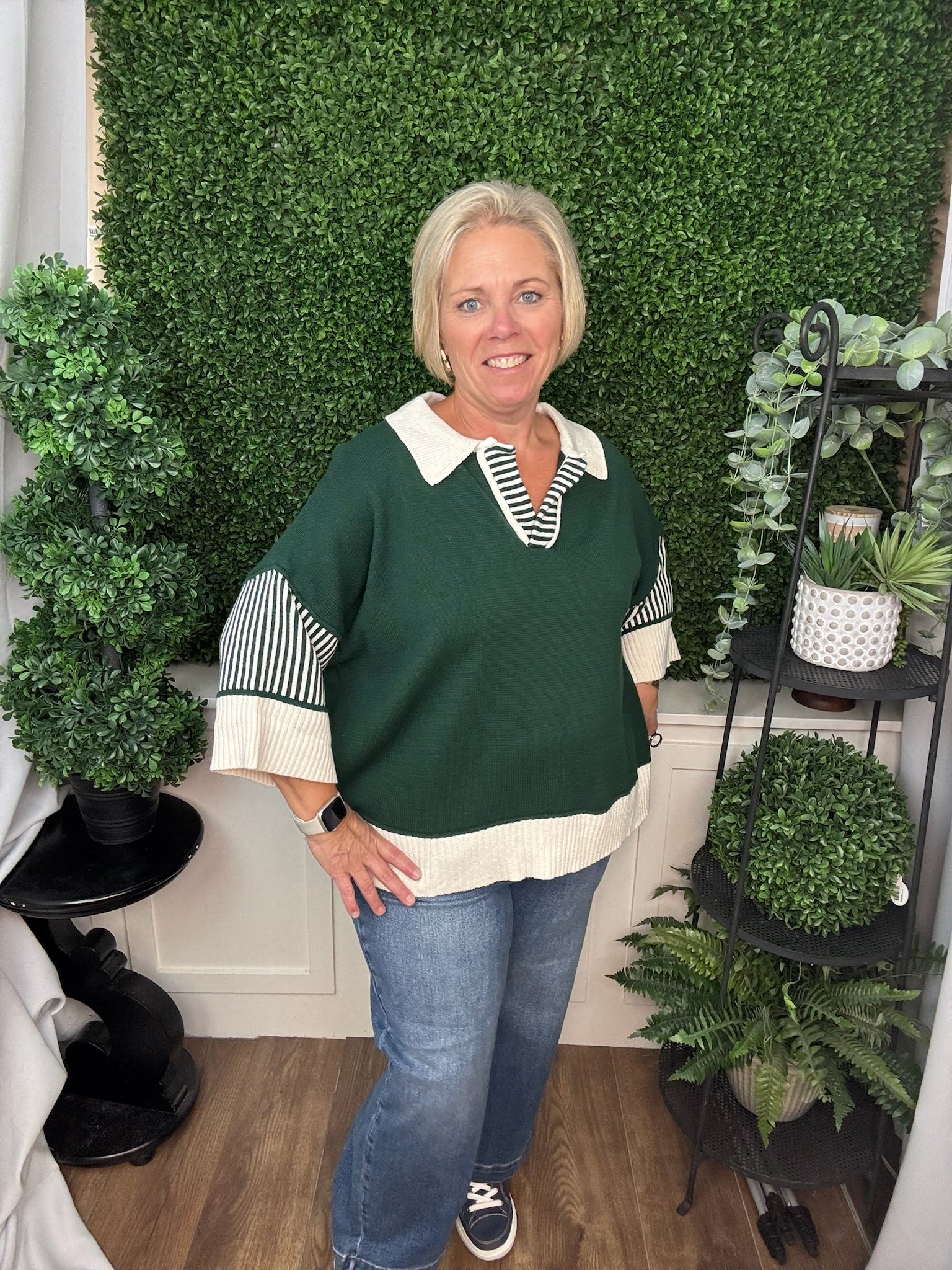 HALF SLEEVE SWEATER TOP - GREEN