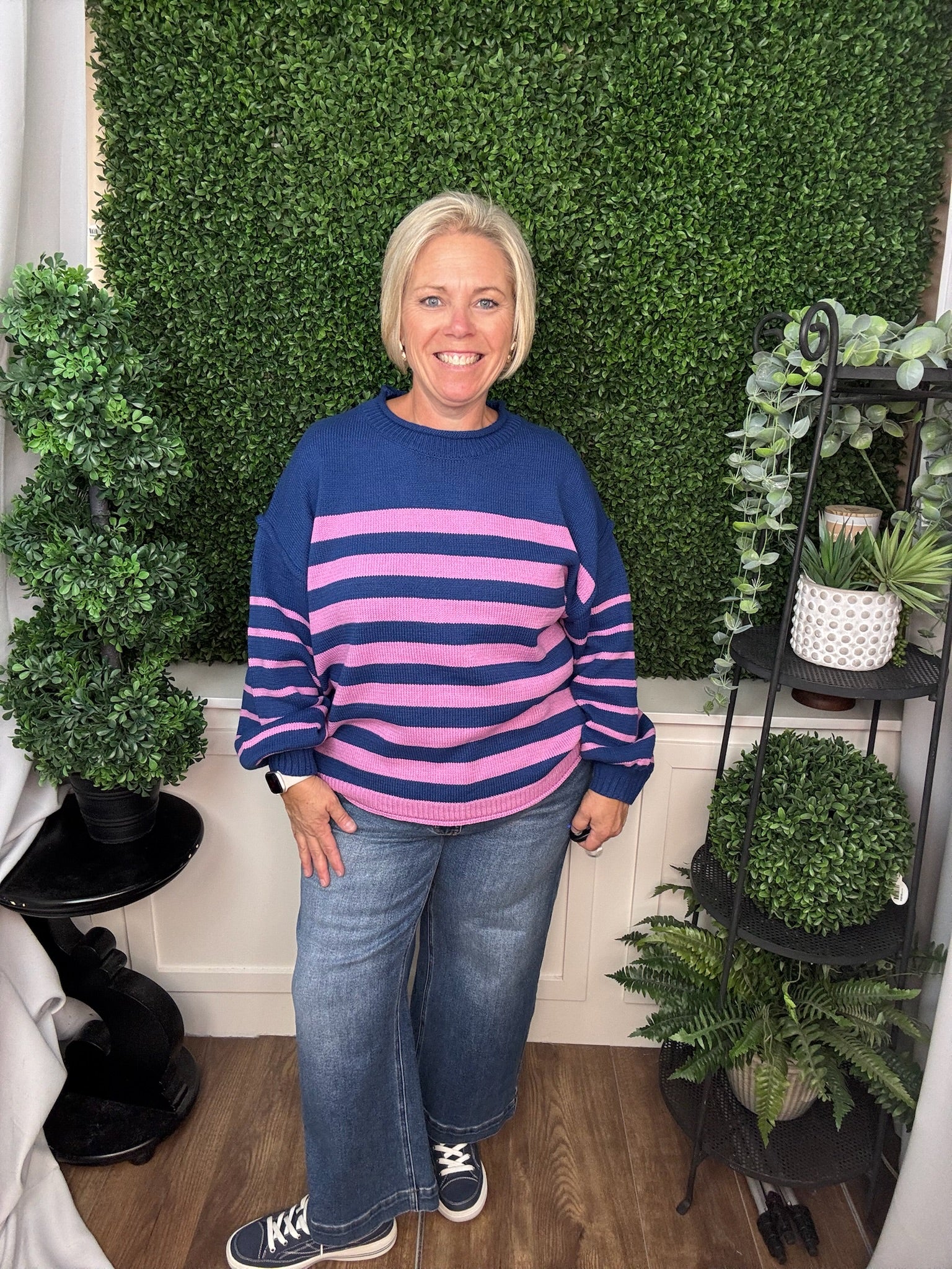 LONG SLEEVE STRIPED SWEATER TOP - NAVY/VIOLET