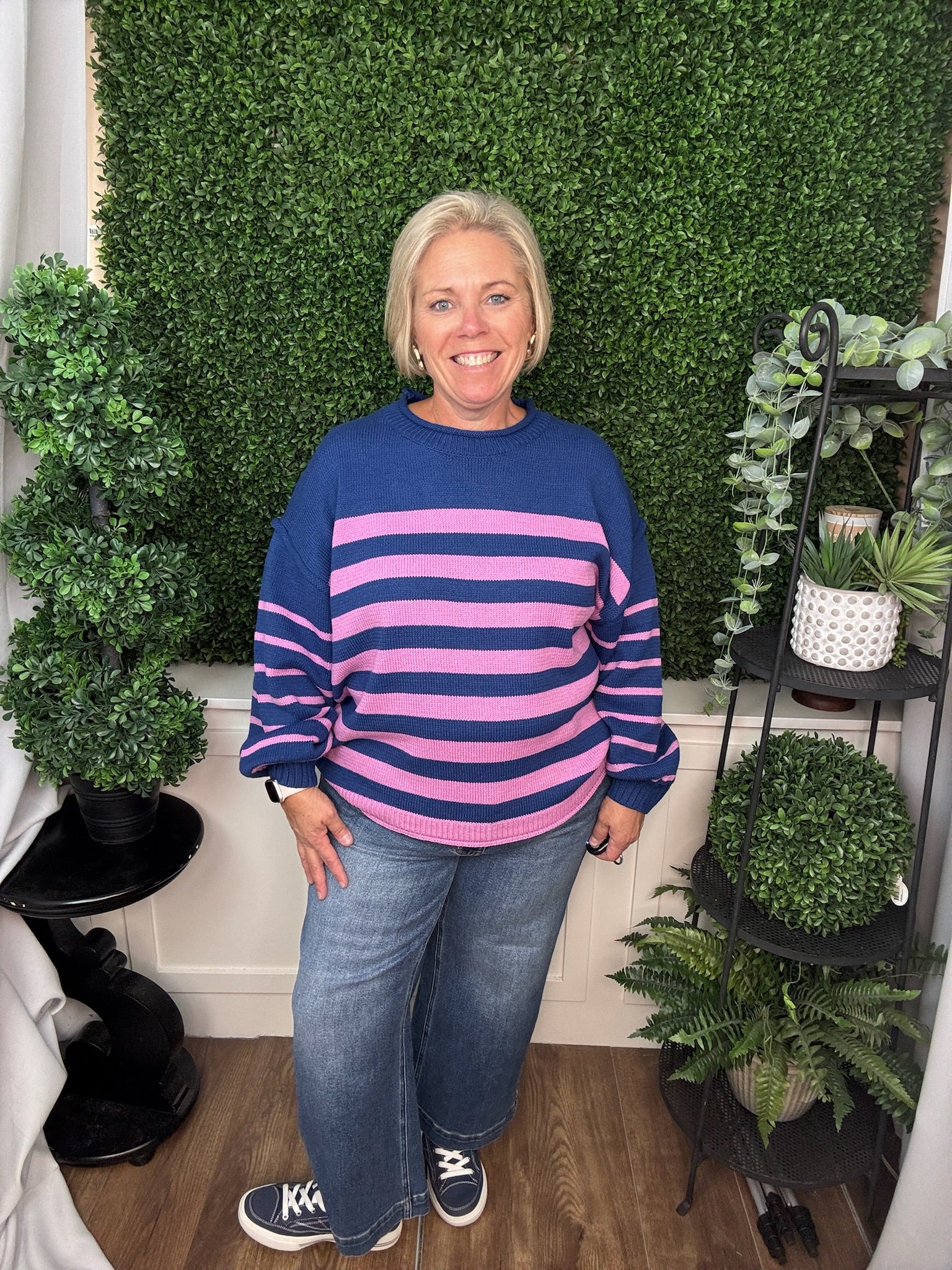 LONG SLEEVE STRIPED SWEATER TOP - NAVY/VIOLET