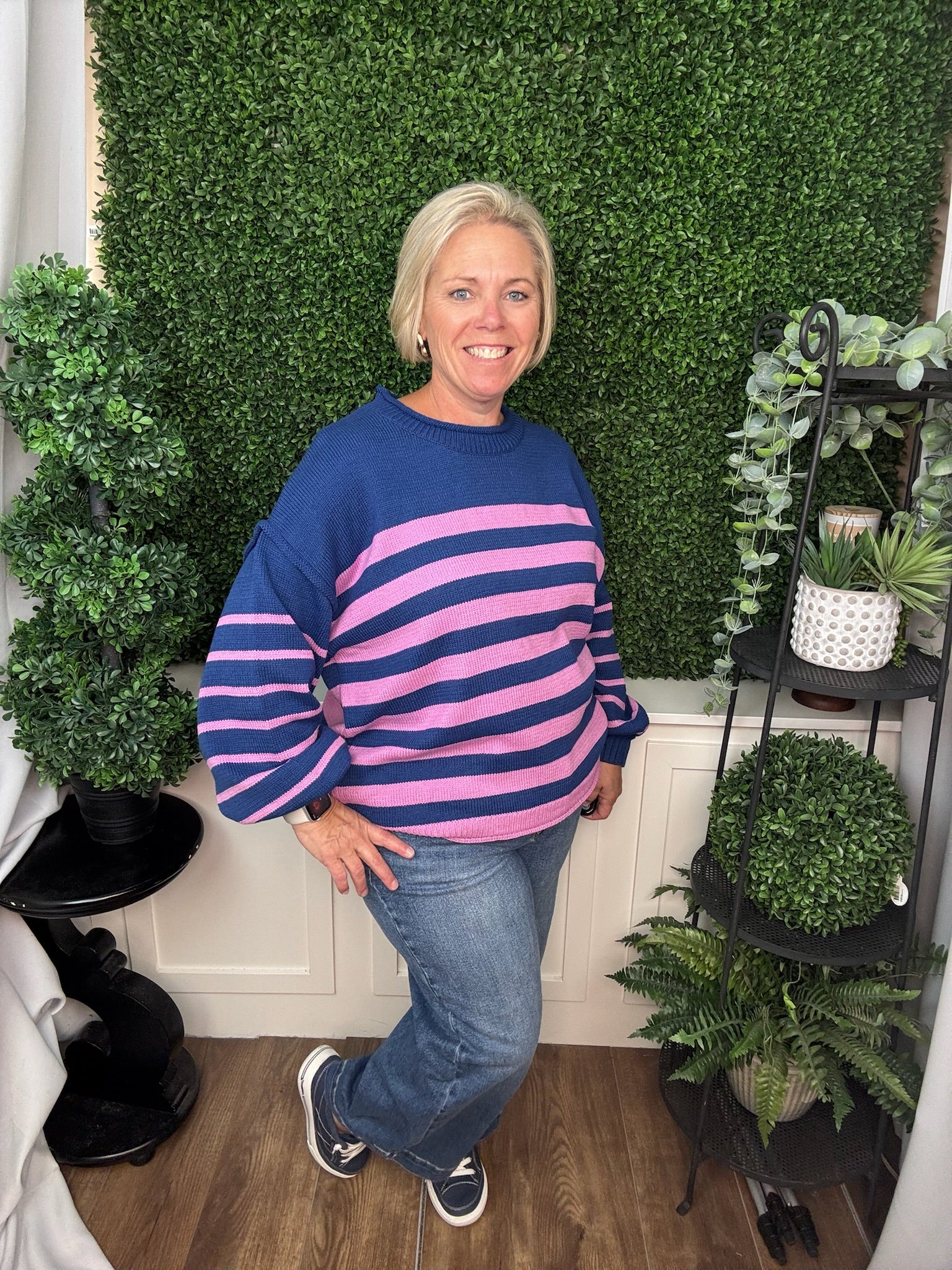 LONG SLEEVE STRIPED SWEATER TOP - NAVY/VIOLET