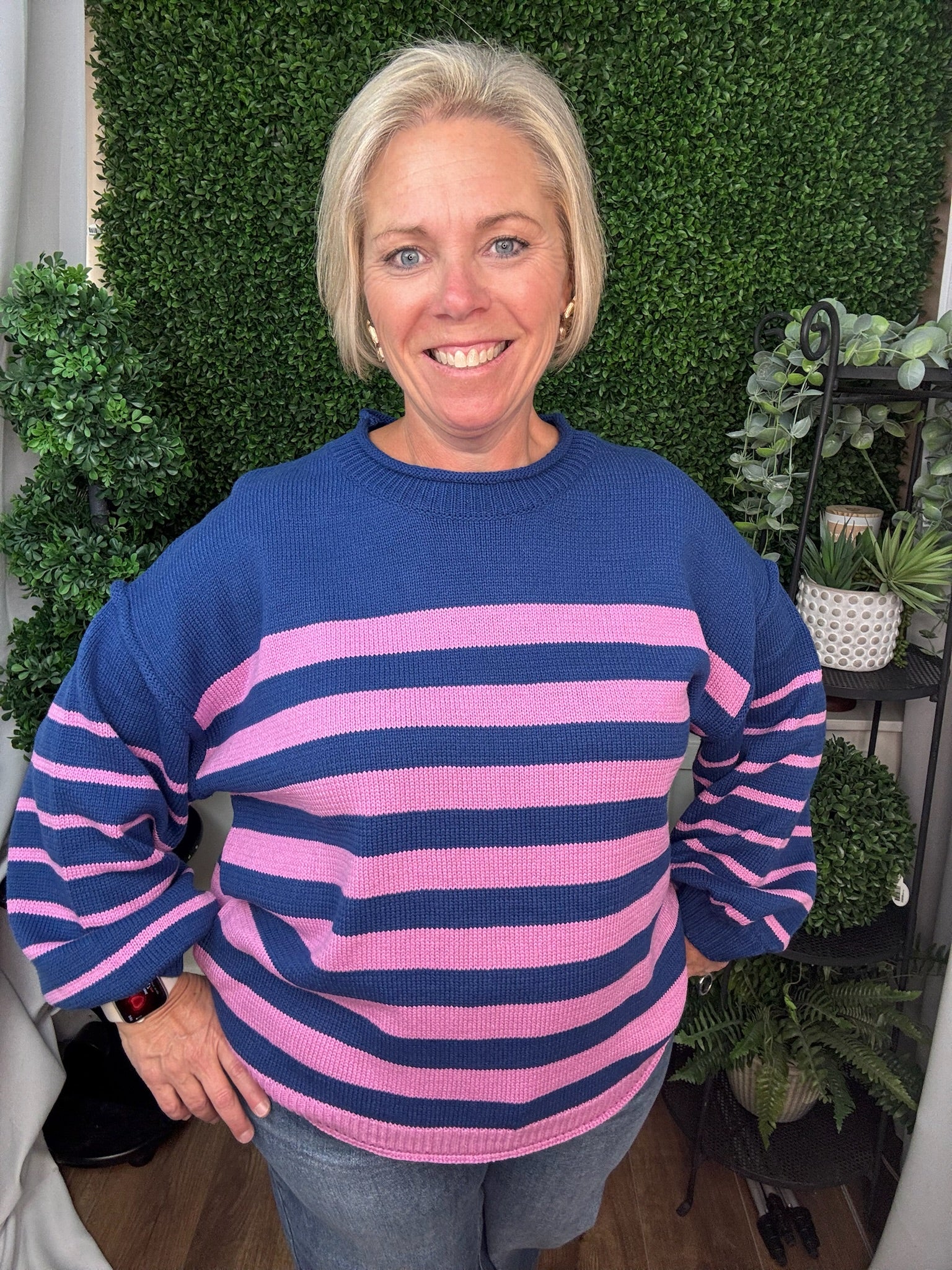 LONG SLEEVE STRIPED SWEATER TOP - NAVY/VIOLET