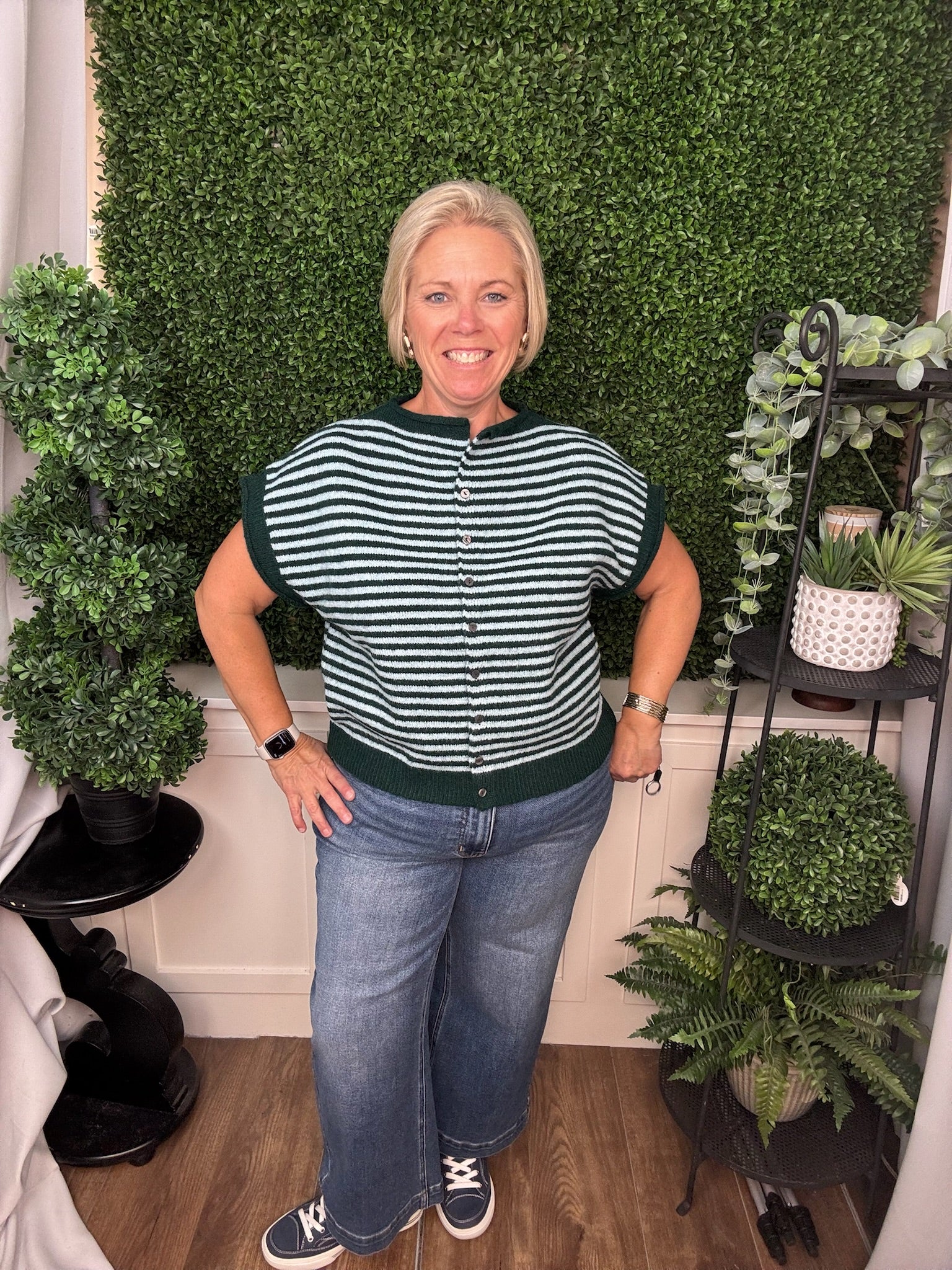STRIPED BUTTON FRONT KNIT TOP - HUNTER GREEN/MARTINI OLIVE