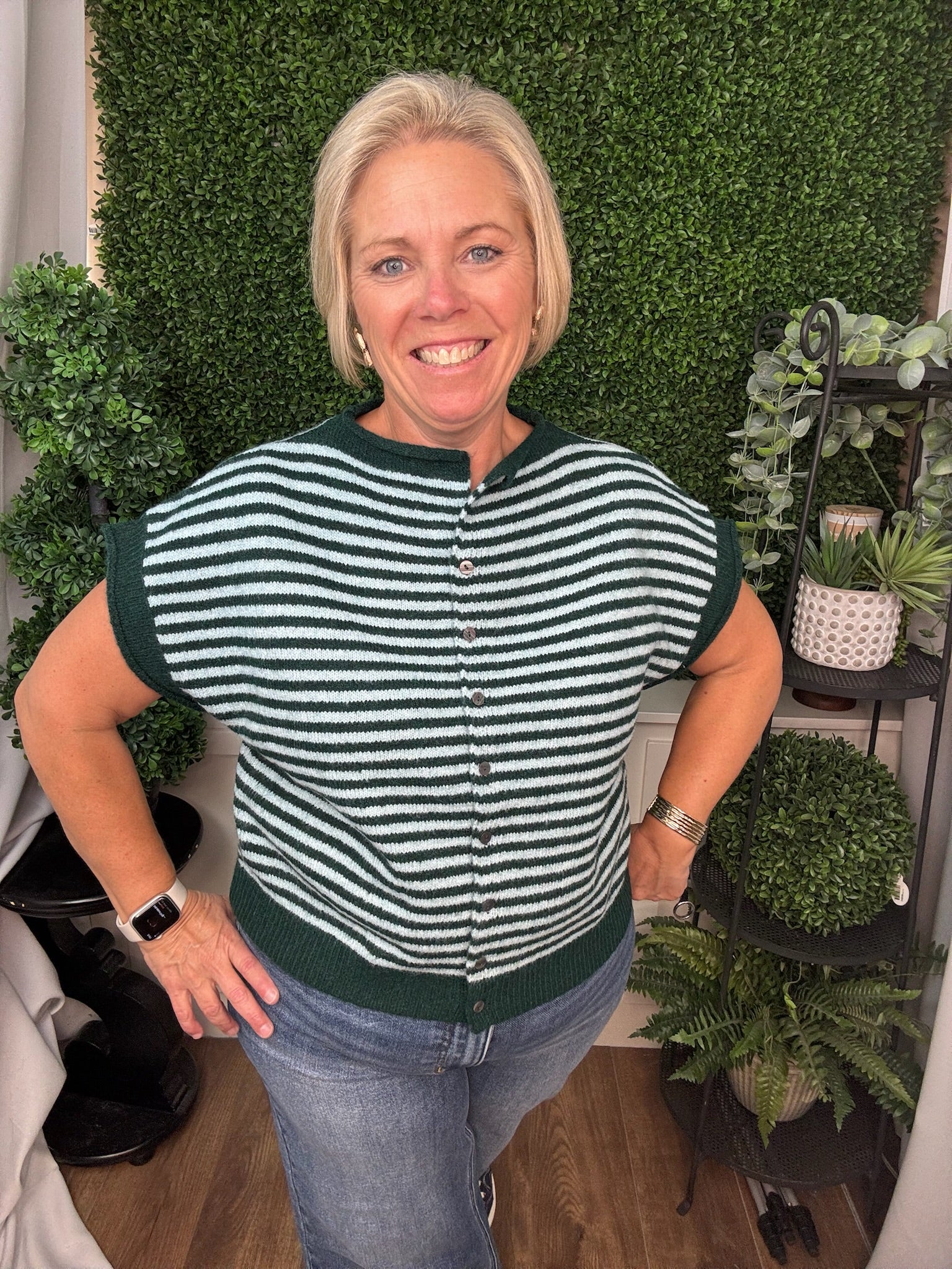 STRIPED BUTTON FRONT KNIT TOP - HUNTER GREEN/MARTINI OLIVE