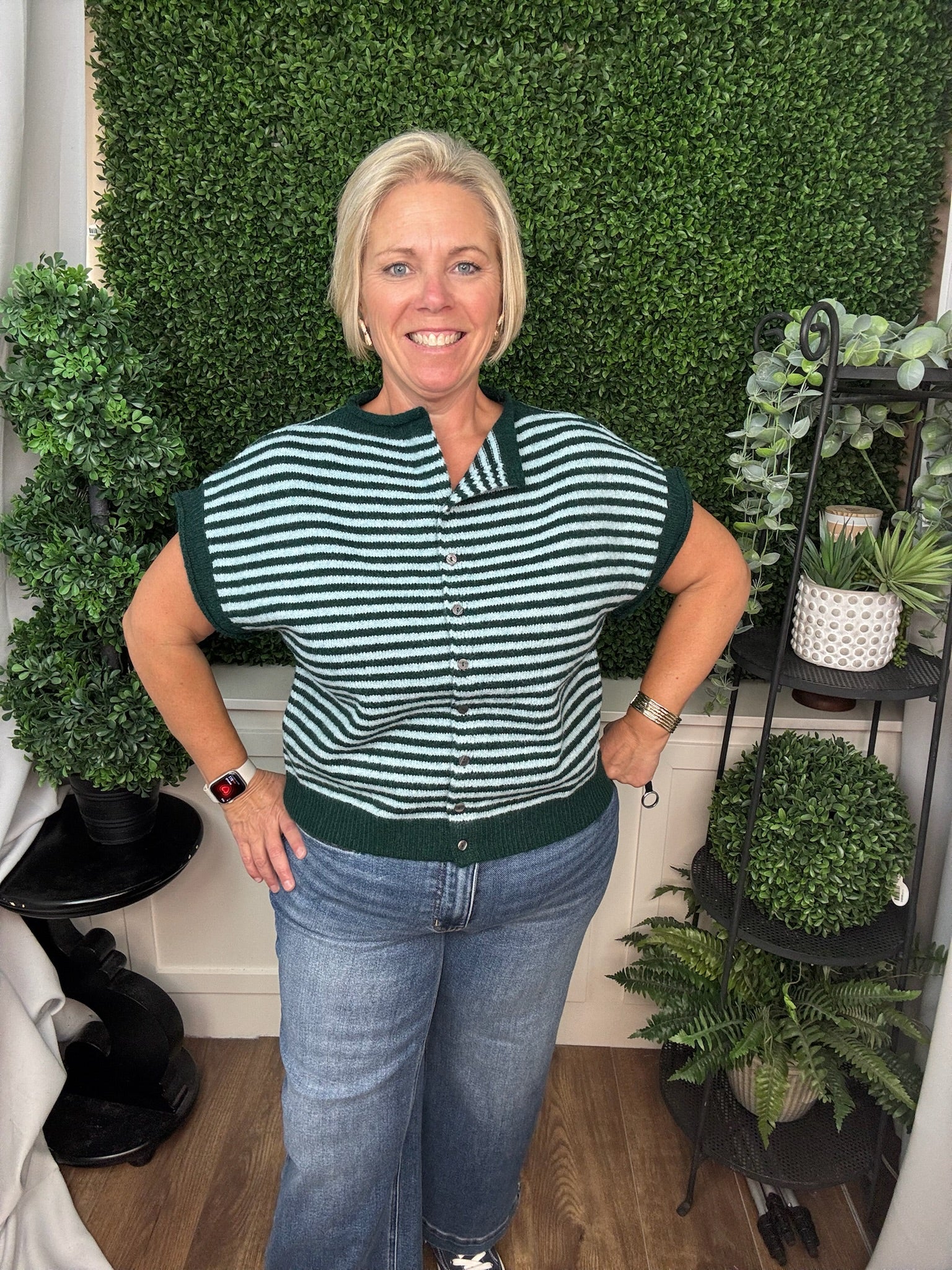 STRIPED BUTTON FRONT KNIT TOP - HUNTER GREEN/MARTINI OLIVE