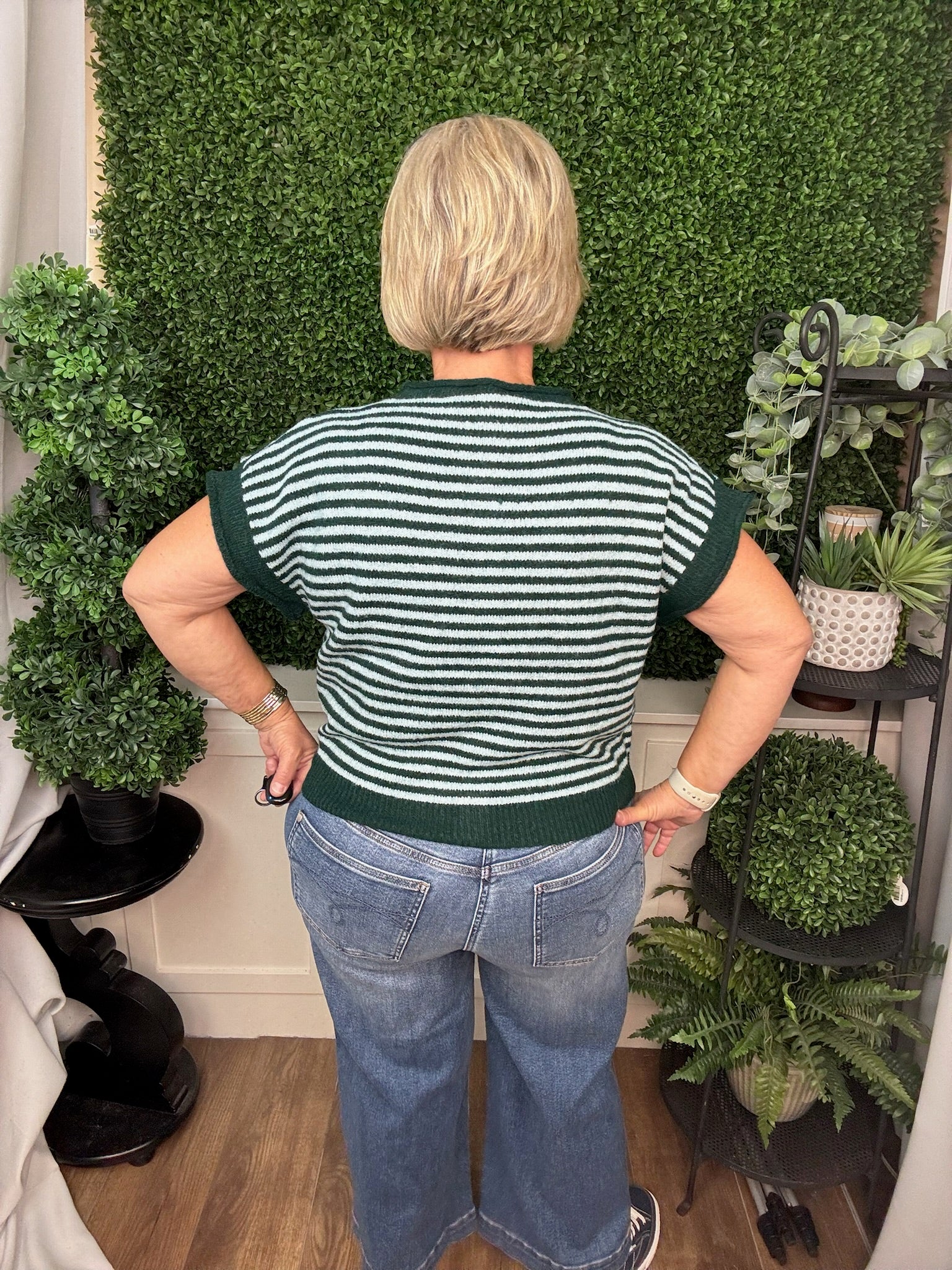 STRIPED BUTTON FRONT KNIT TOP - HUNTER GREEN/MARTINI OLIVE