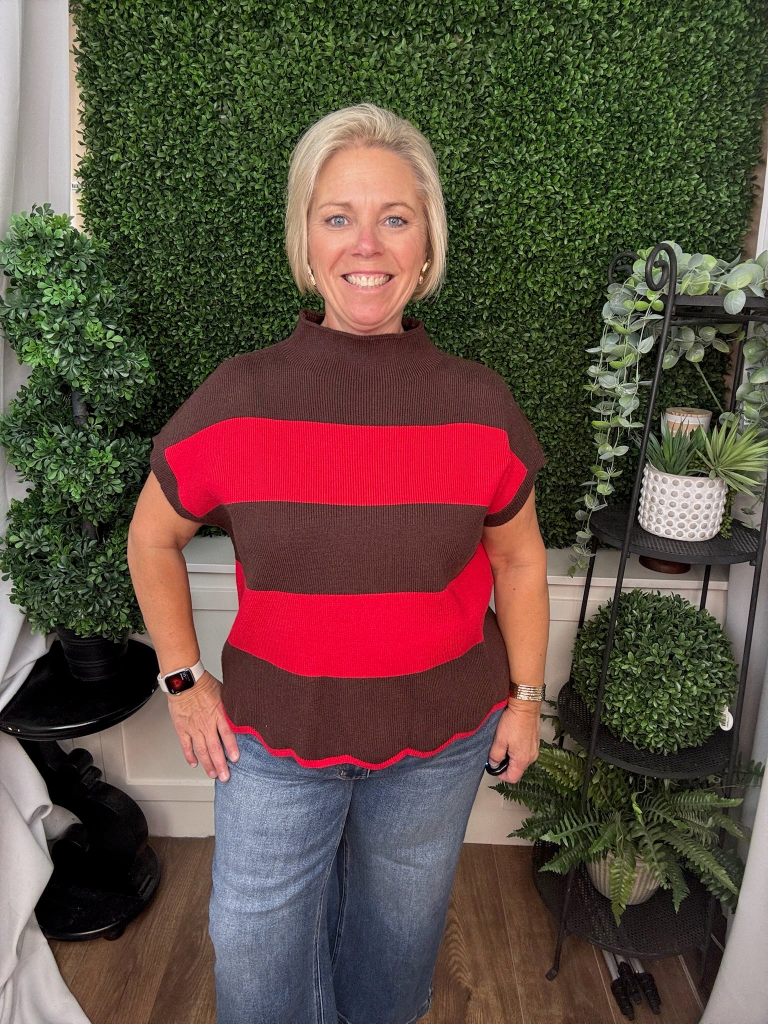 LONG SLEEVE MOCK NECK COLORBLOCK STRIPED KNIT SWEATER - BROWN/RED