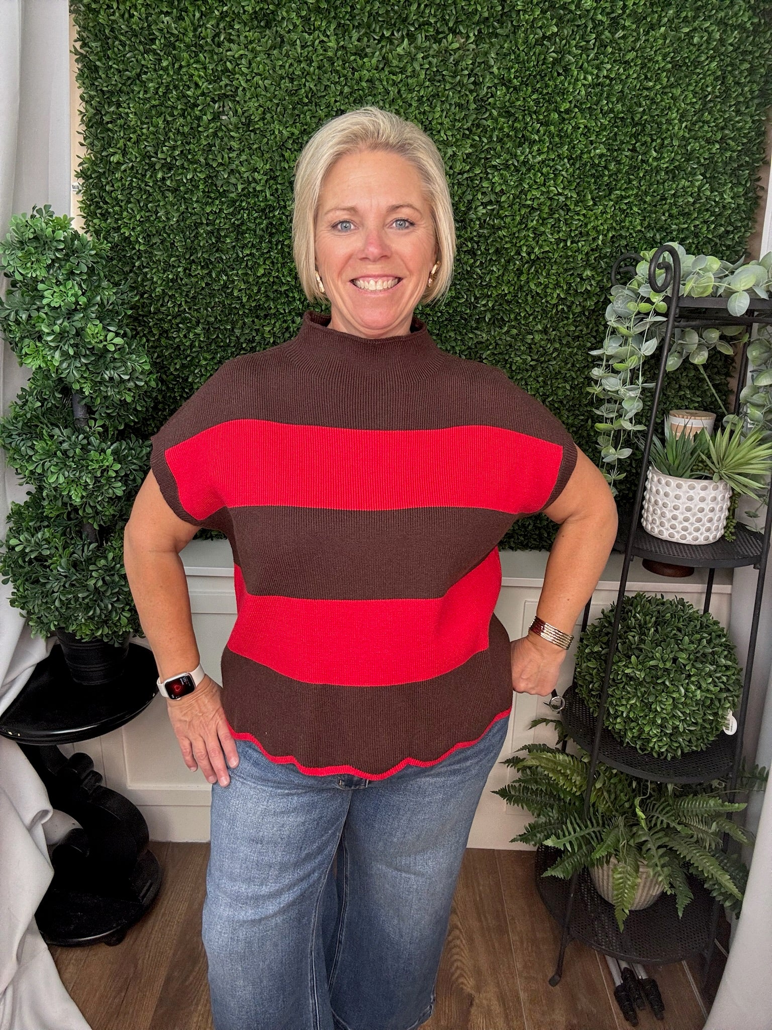 LONG SLEEVE MOCK NECK COLORBLOCK STRIPED KNIT SWEATER - BROWN/RED