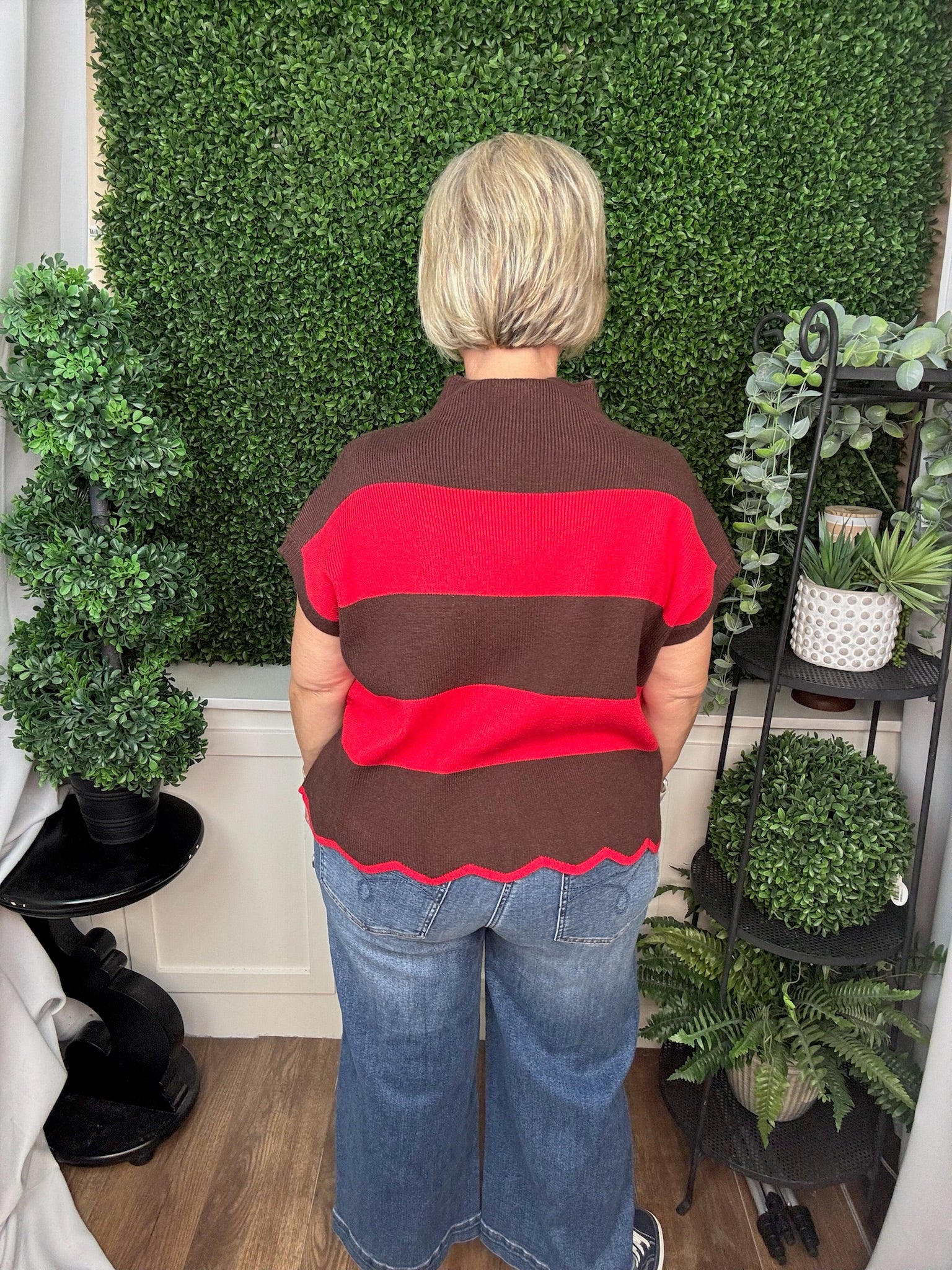 LONG SLEEVE MOCK NECK COLORBLOCK STRIPED KNIT SWEATER - BROWN/RED