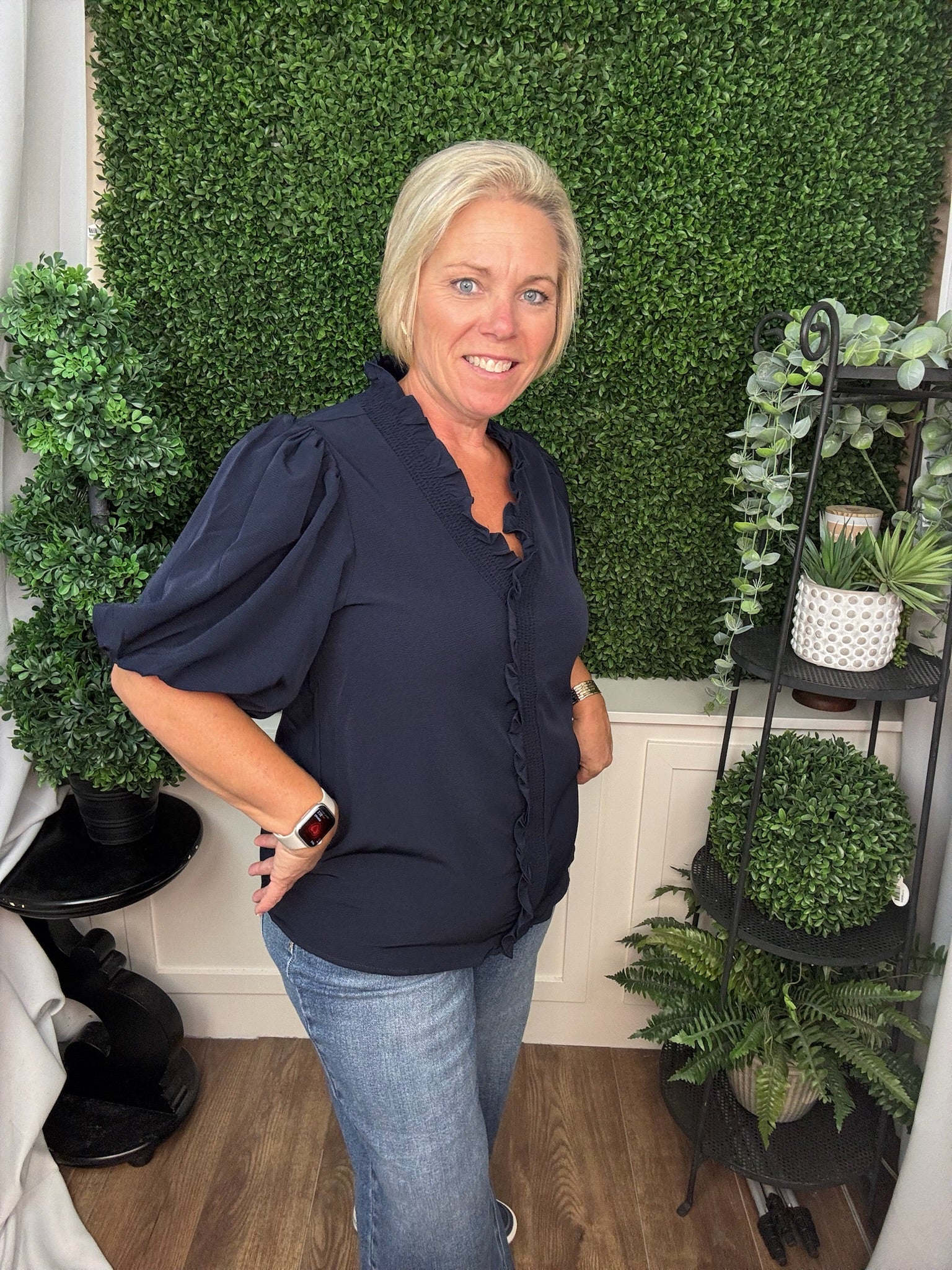 SHORT BUBBLE SLEEVE SMOCKED NECK TOP - NAVY/ OLIVE