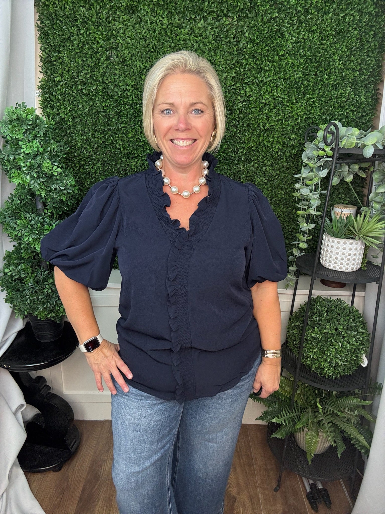 SHORT BUBBLE SLEEVE SMOCKED NECK TOP - NAVY/ OLIVE