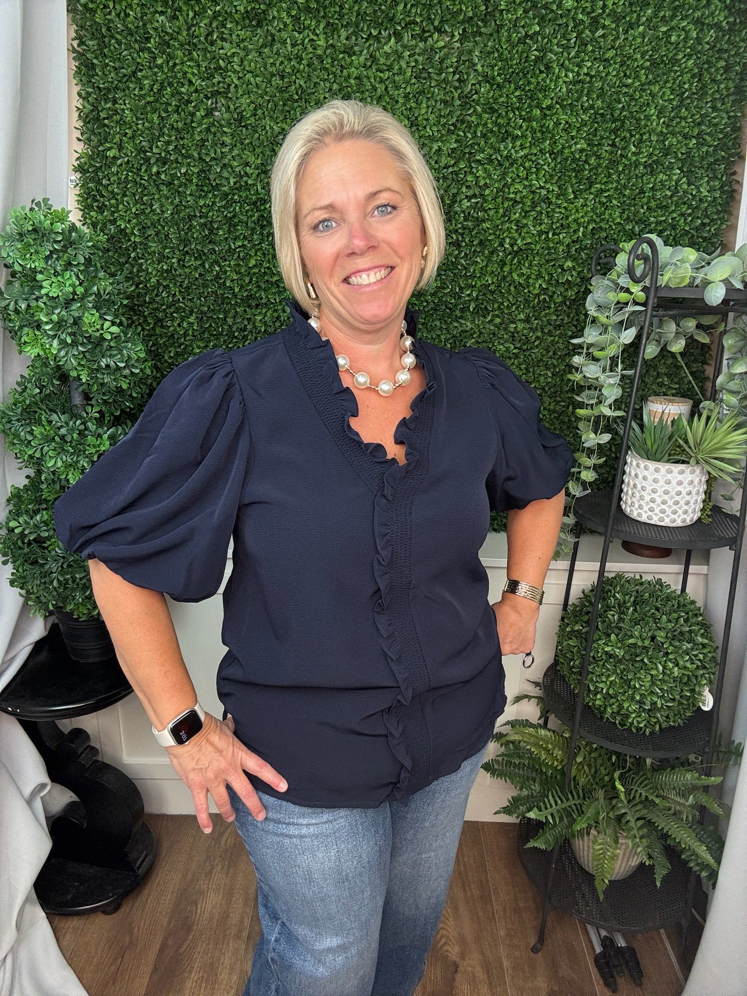 SHORT BUBBLE SLEEVE SMOCKED NECK TOP - NAVY/ OLIVE