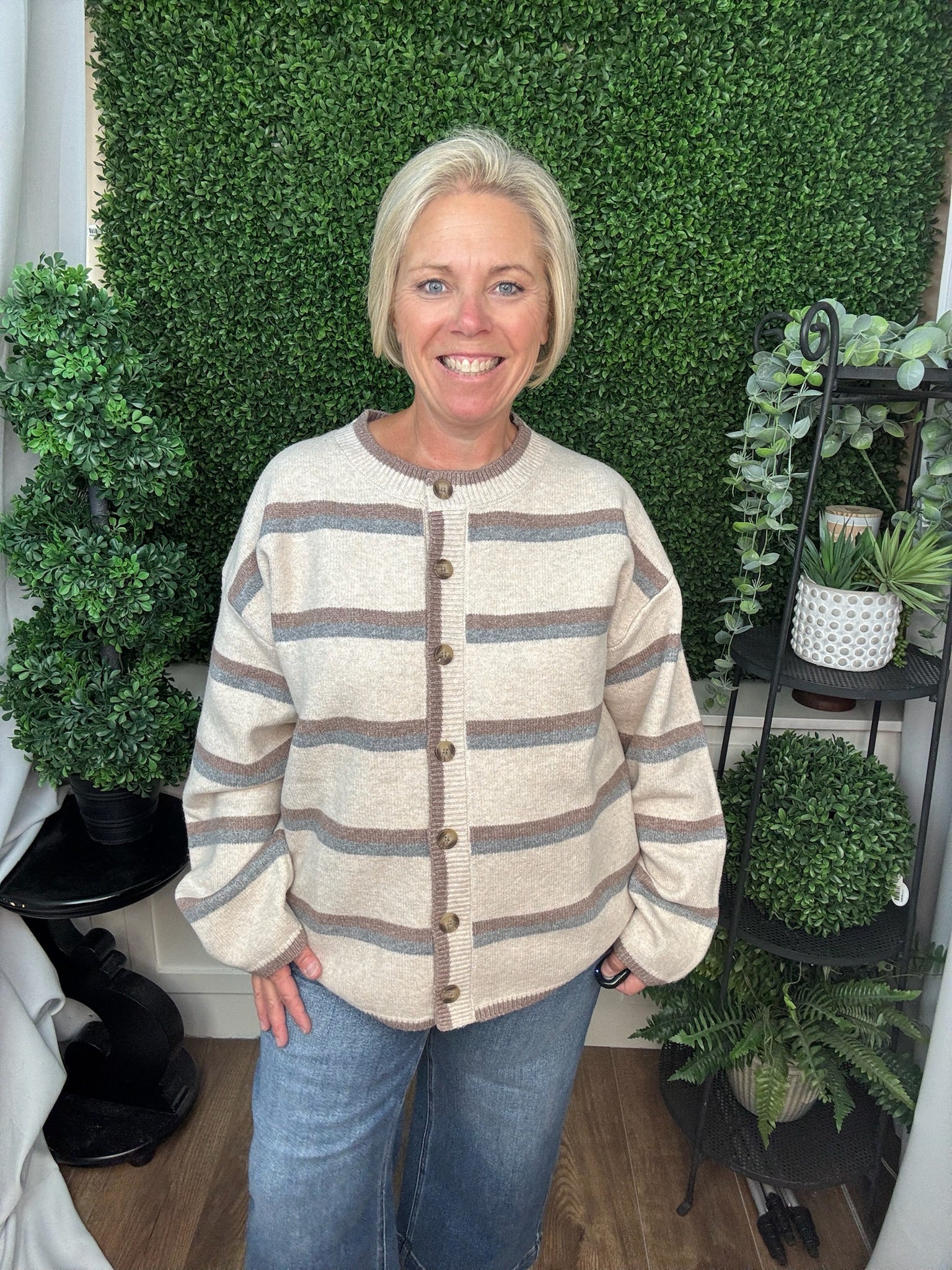 LONG SLEEVE STRIPED BUTTON DOWN KNIT CARDIGAN - OATMEAL MULTI