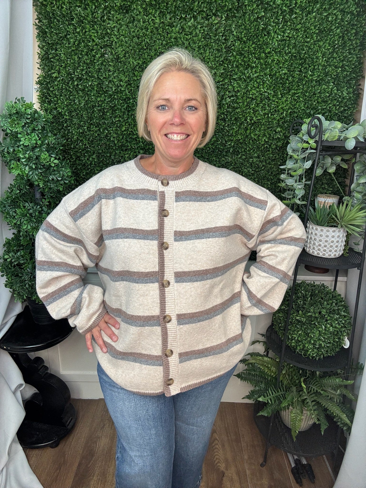 LONG SLEEVE STRIPED BUTTON DOWN KNIT CARDIGAN - OATMEAL MULTI