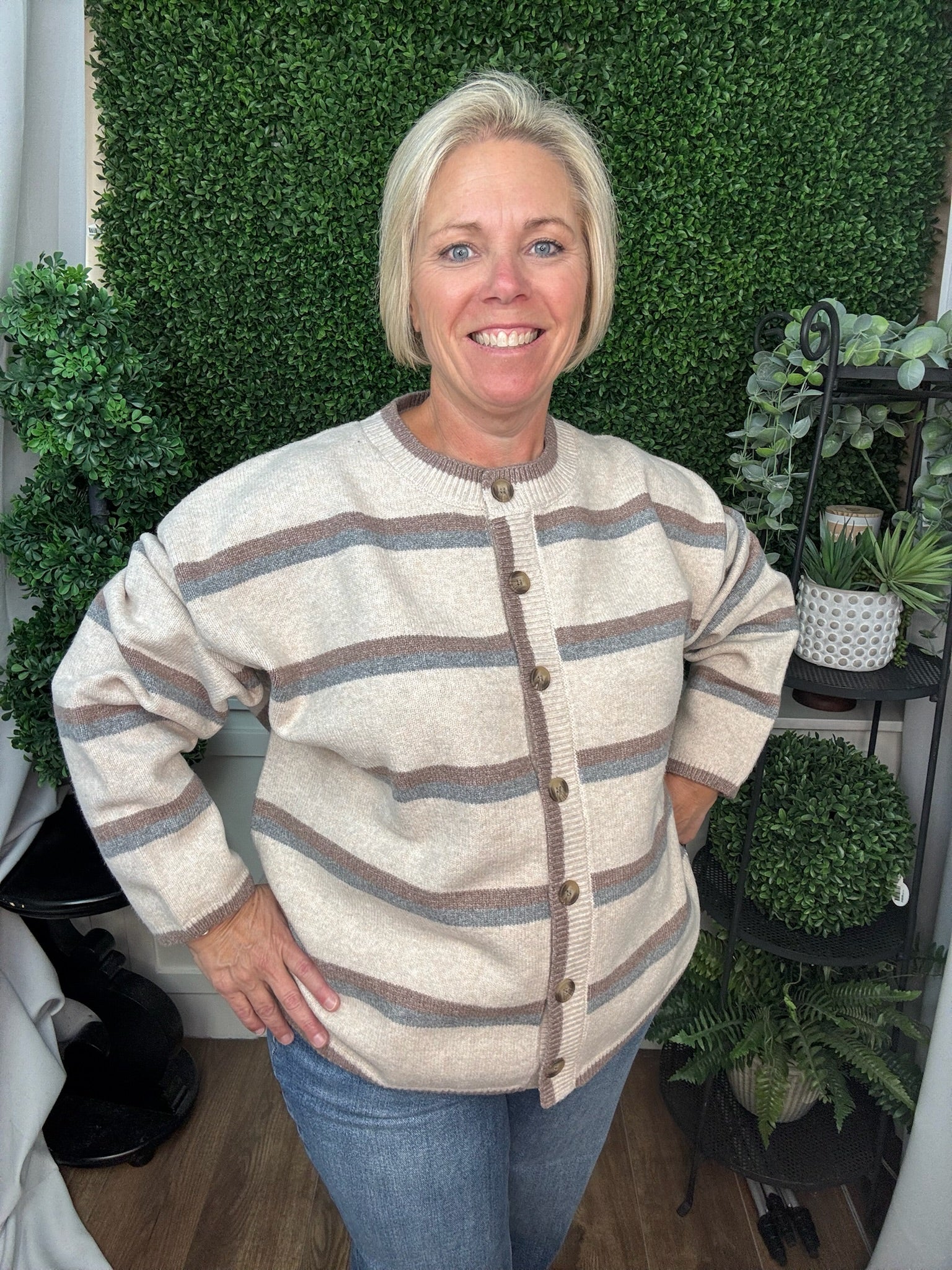 LONG SLEEVE STRIPED BUTTON DOWN KNIT CARDIGAN - OATMEAL MULTI