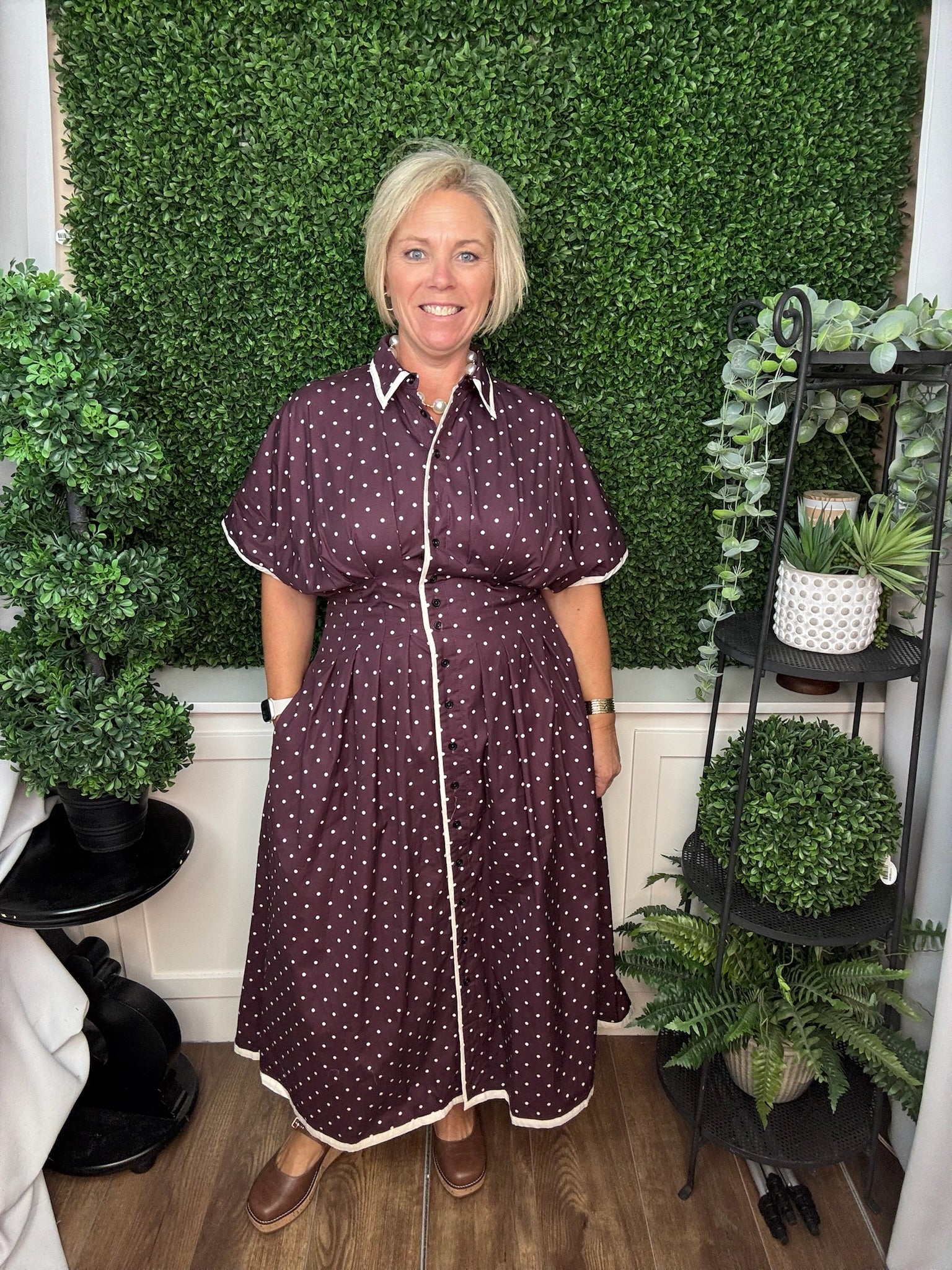 POLKA DOT BUTTON MIDI DRESS - SUGAR PLUM
