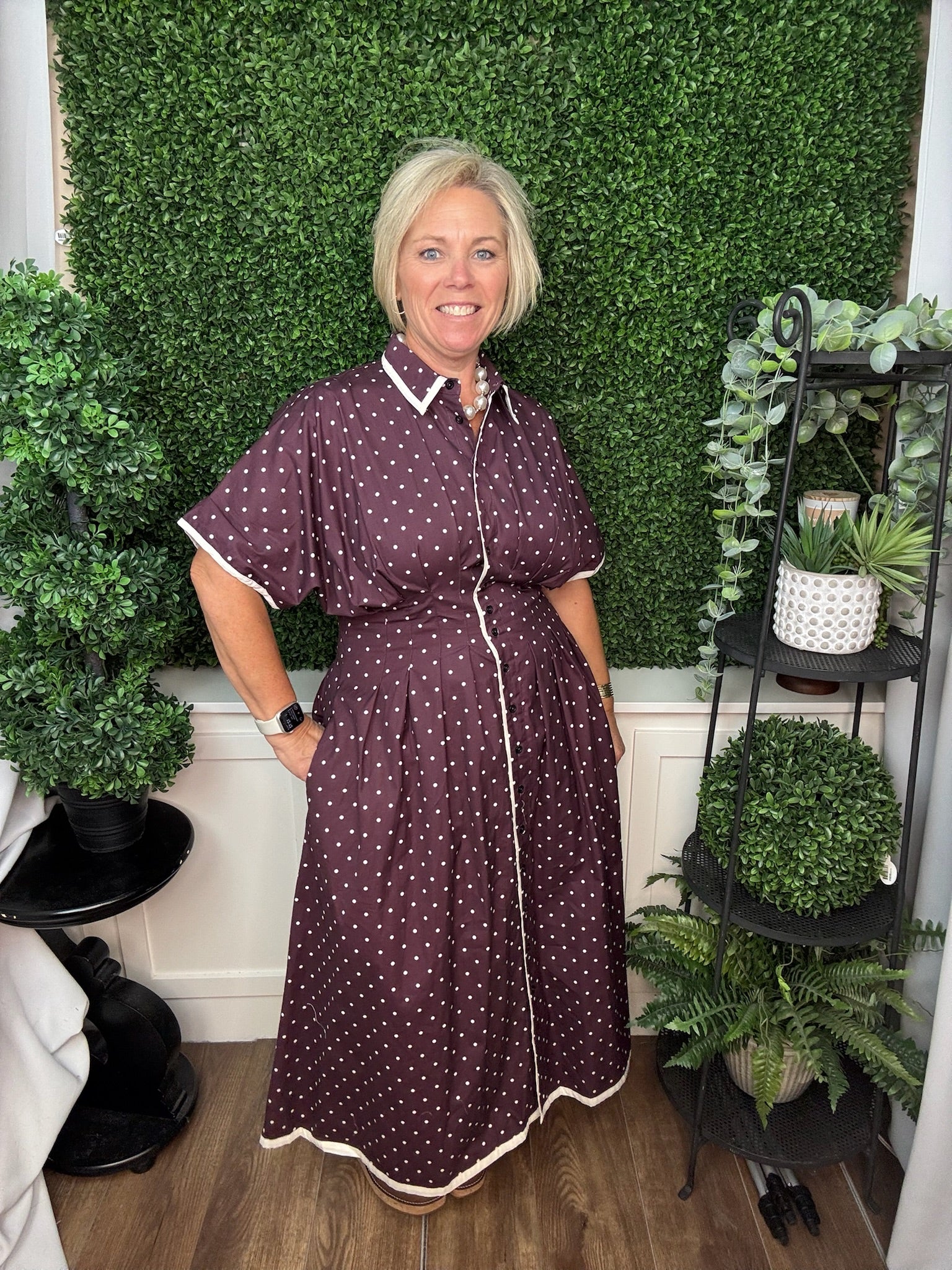 POLKA DOT BUTTON MIDI DRESS - SUGAR PLUM
