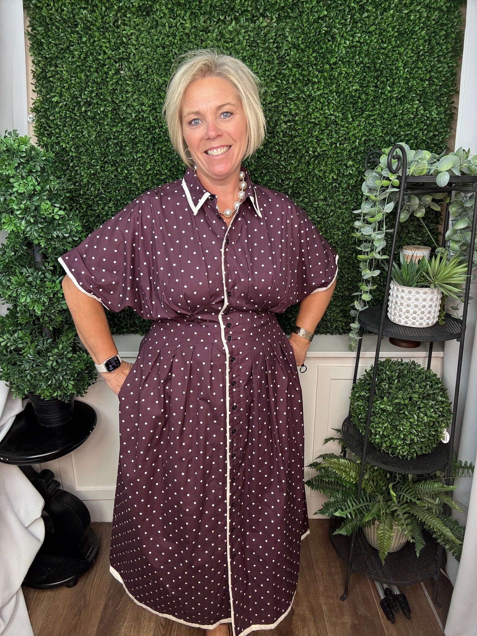 POLKA DOT BUTTON MIDI DRESS - SUGAR PLUM