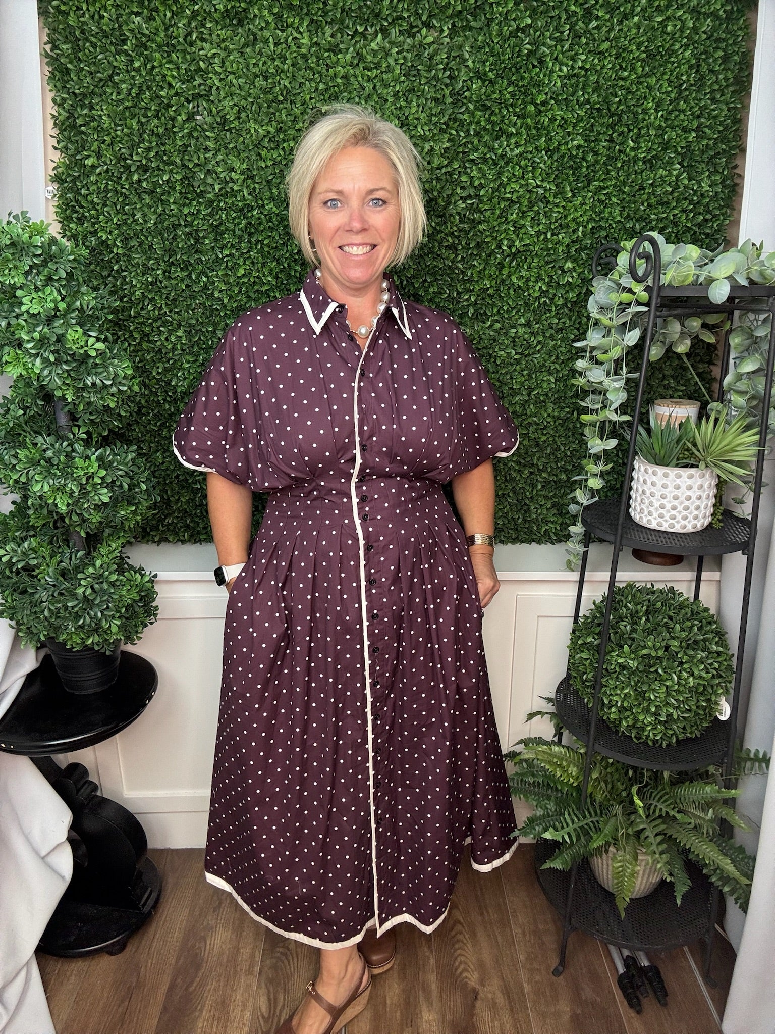 POLKA DOT BUTTON MIDI DRESS - SUGAR PLUM