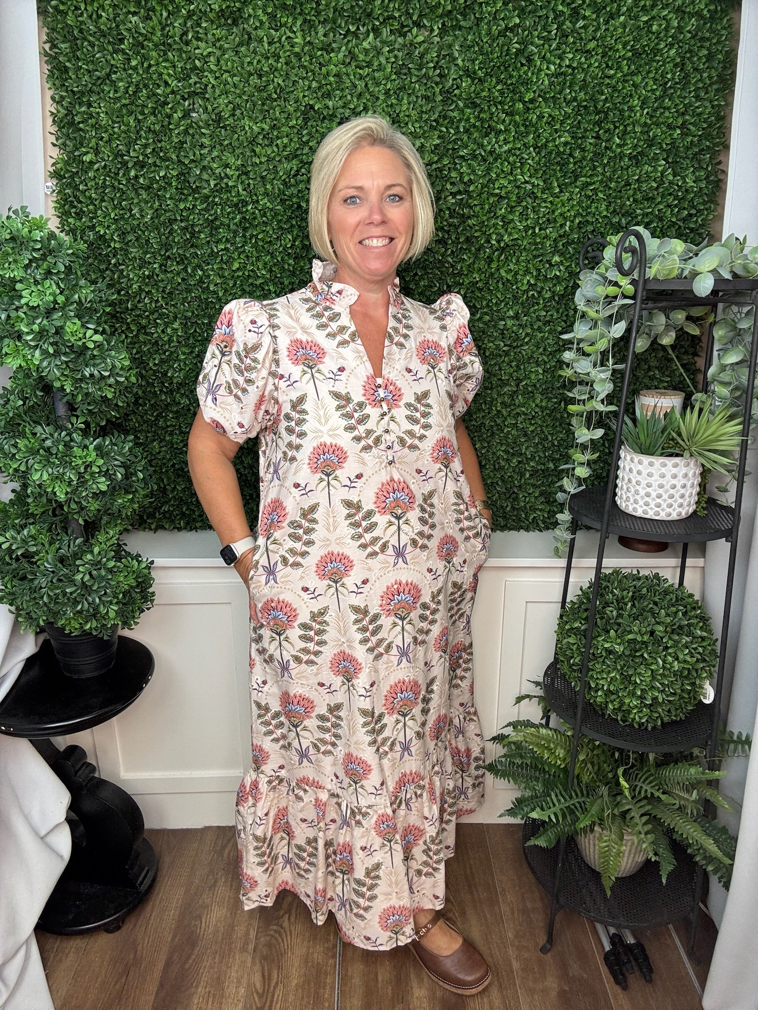 Floral Print Short Puff Sleeve Midi Dress - ECRU