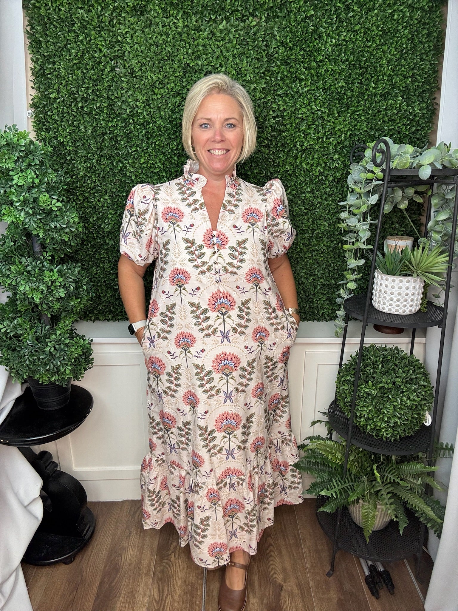 Floral Print Short Puff Sleeve Midi Dress - ECRU