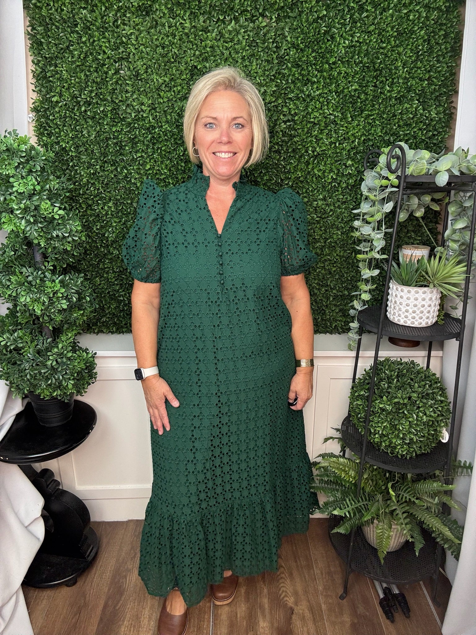 GEOMETRIC PRINT PUFF SLEEVE DRESS - HUNTER GREEN