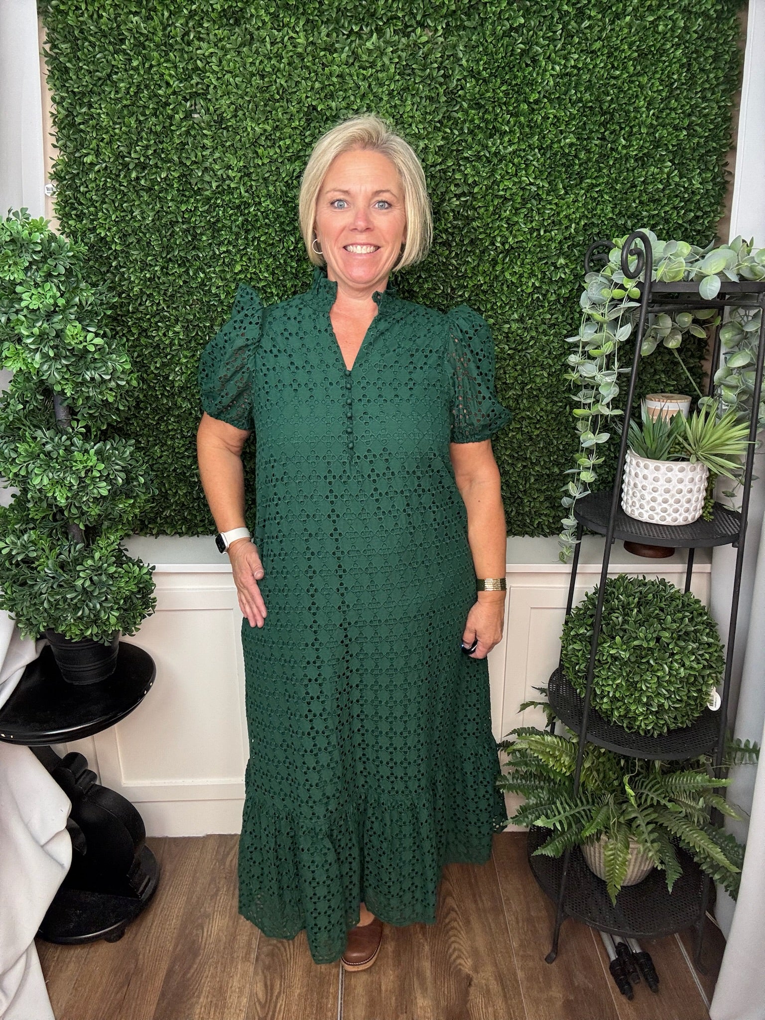 GEOMETRIC PRINT PUFF SLEEVE DRESS - HUNTER GREEN