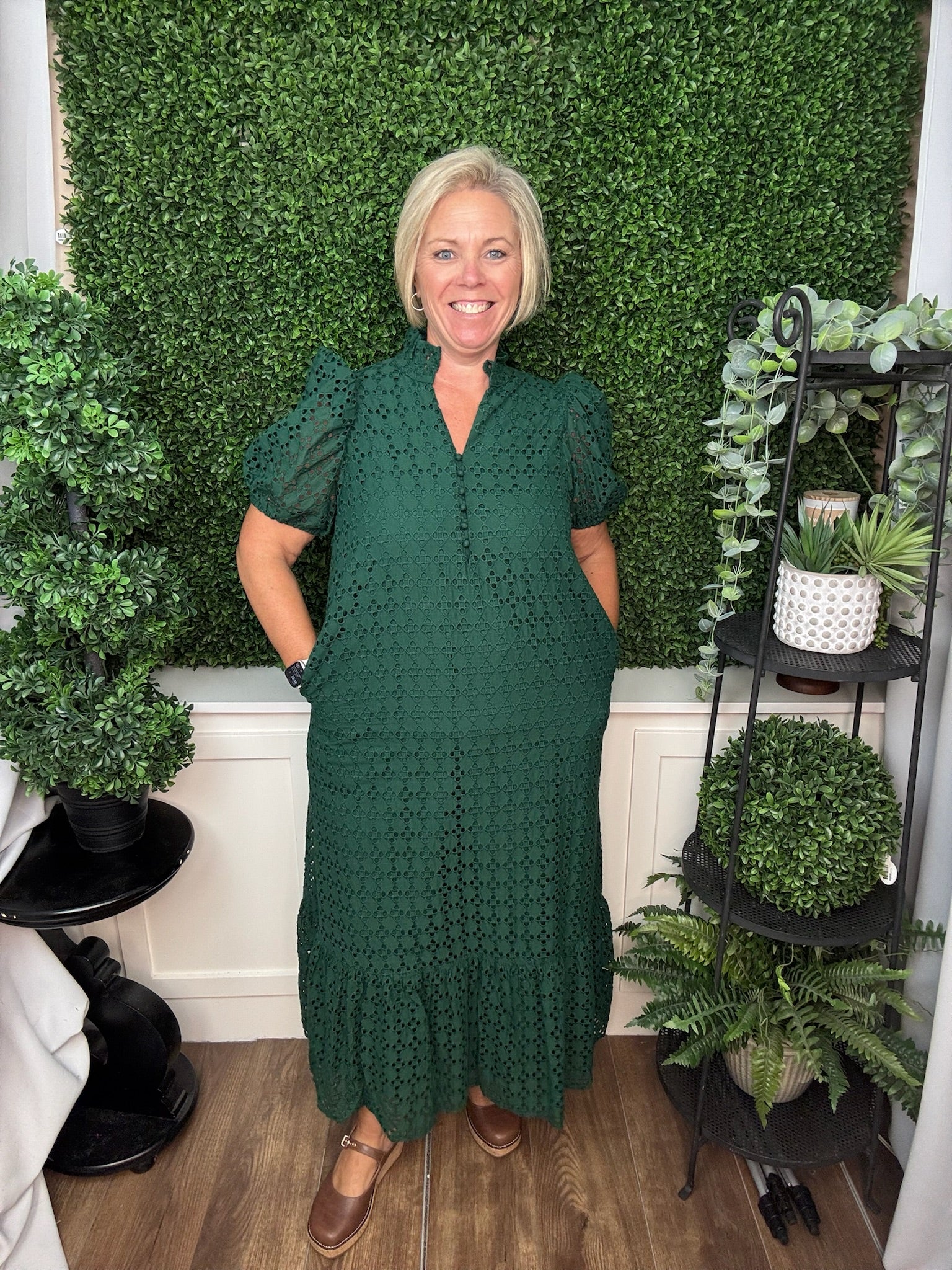 GEOMETRIC PRINT PUFF SLEEVE DRESS - HUNTER GREEN