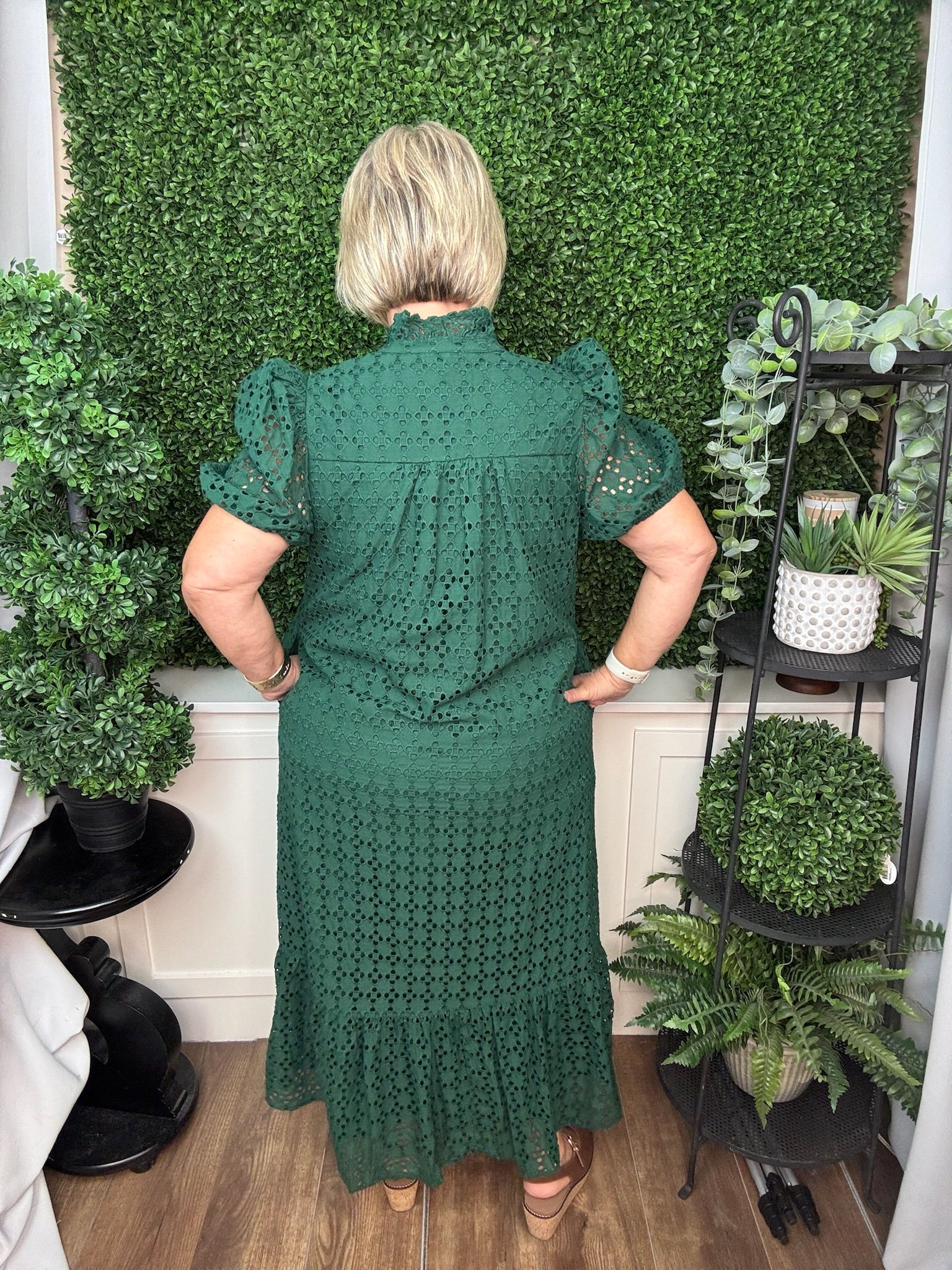 GEOMETRIC PRINT PUFF SLEEVE DRESS - HUNTER GREEN