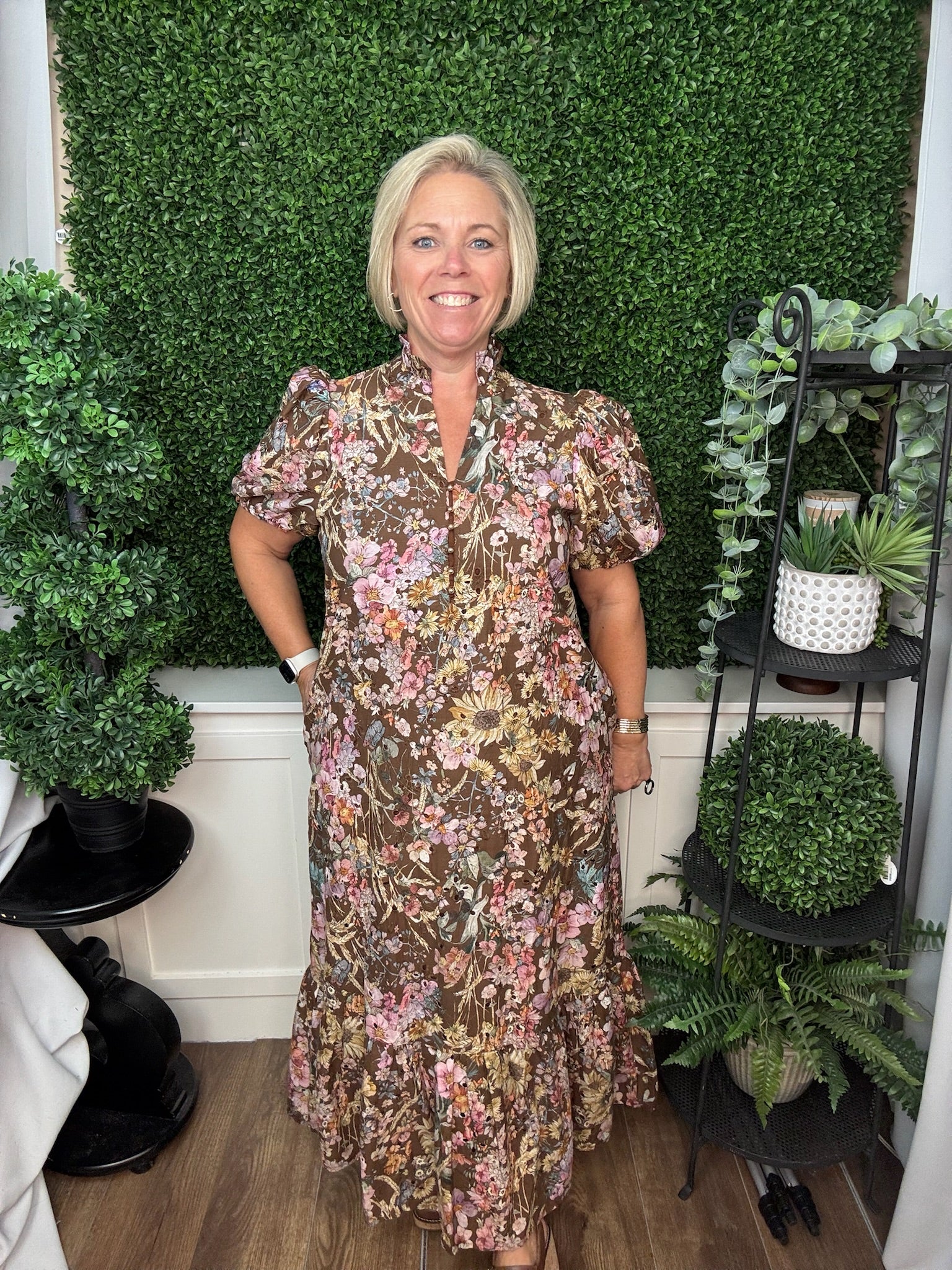 FLORAL PRINT COLLARED PUFF SLEEVE BUTTON FRONT MIDI DRESS - BROWN