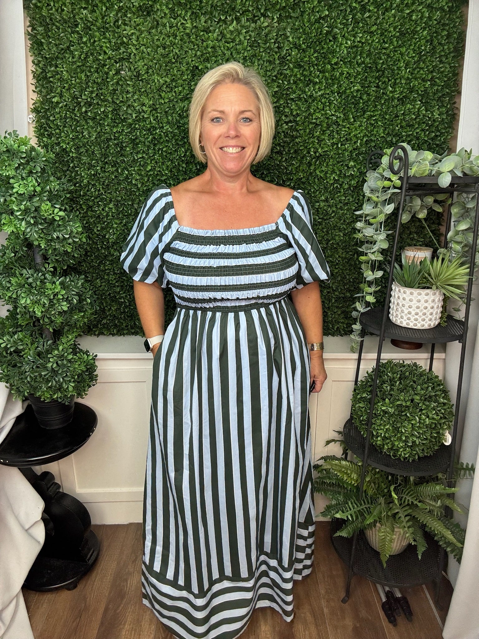SHORT BUBBLE SLEEVE SMOCKED TOP STRIPED MIDI DRESS WITH POCKETS - SEA GREEN/LT. BLUE