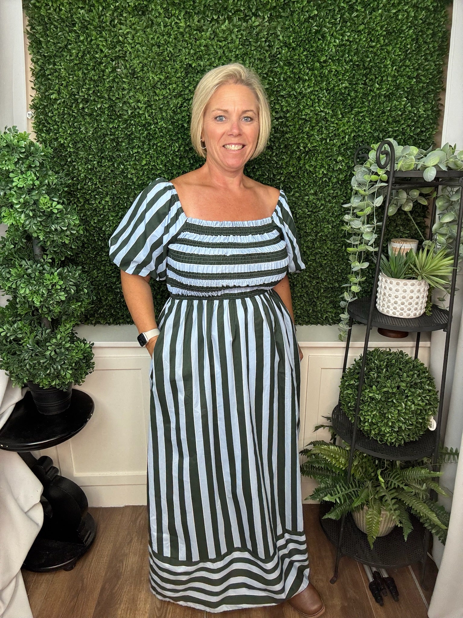 SHORT BUBBLE SLEEVE SMOCKED TOP STRIPED MIDI DRESS WITH POCKETS - SEA GREEN/LT. BLUE