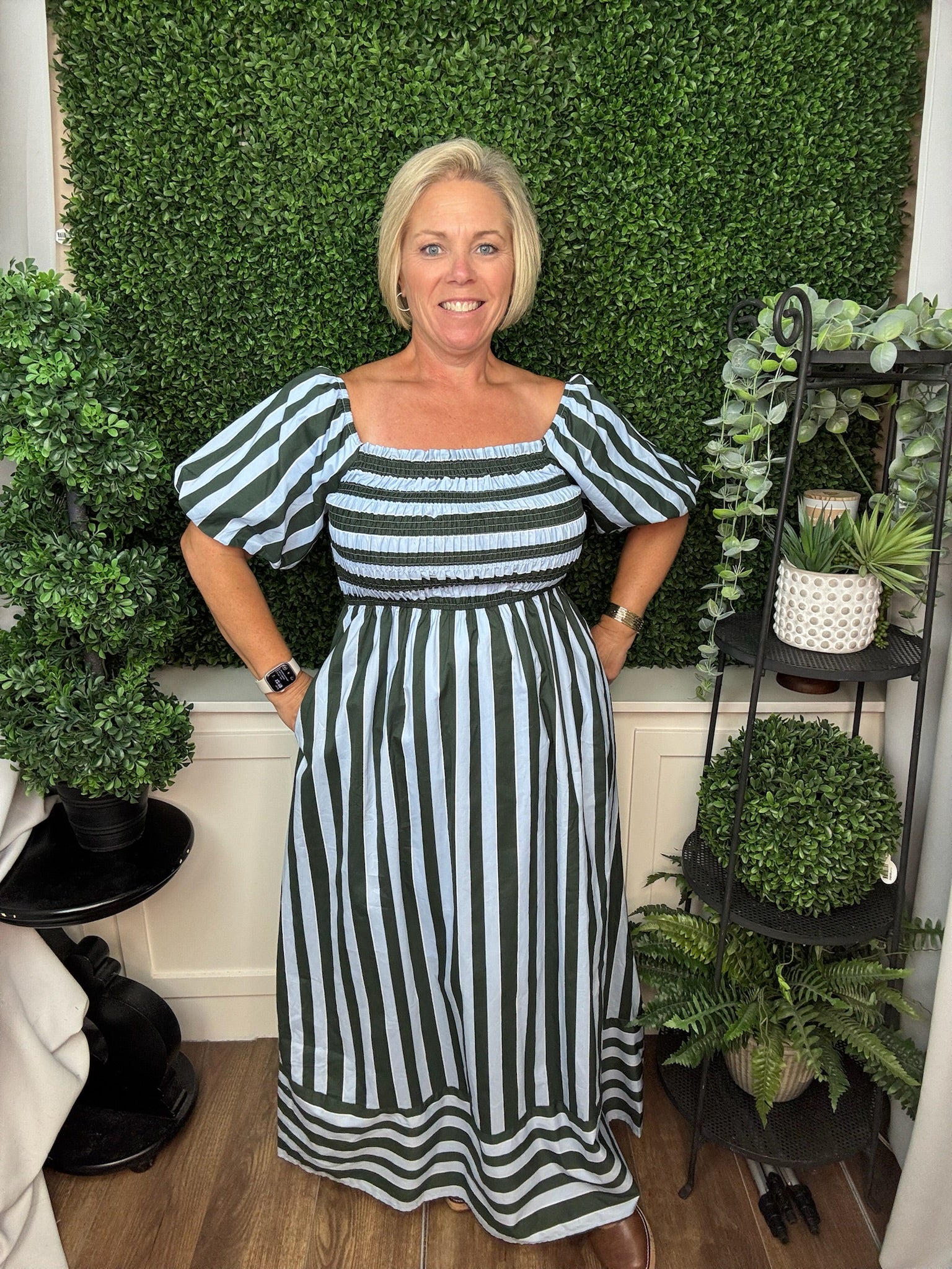 SHORT BUBBLE SLEEVE SMOCKED TOP STRIPED MIDI DRESS WITH POCKETS - SEA GREEN/LT. BLUE