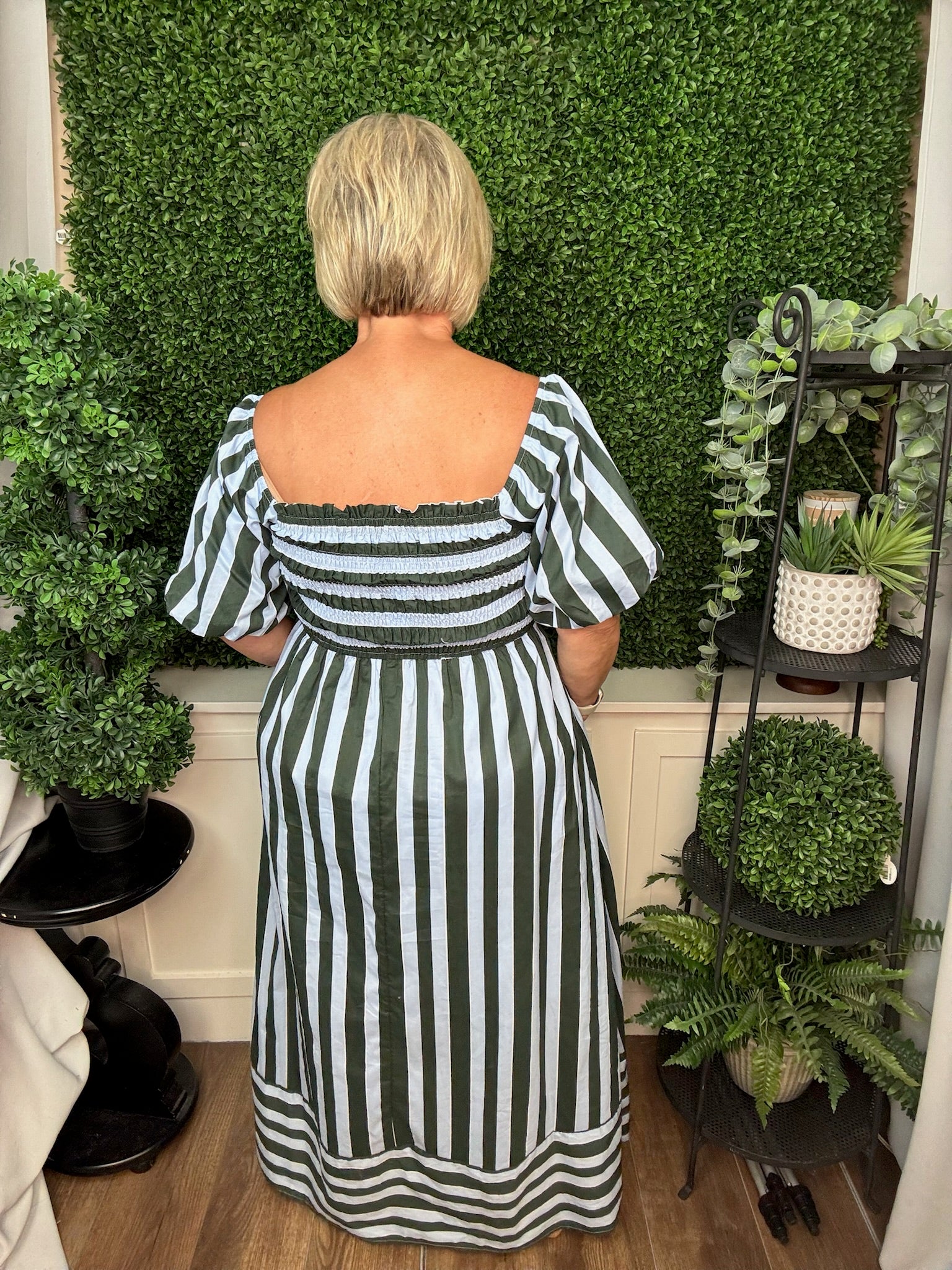 SHORT BUBBLE SLEEVE SMOCKED TOP STRIPED MIDI DRESS WITH POCKETS - SEA GREEN/LT. BLUE