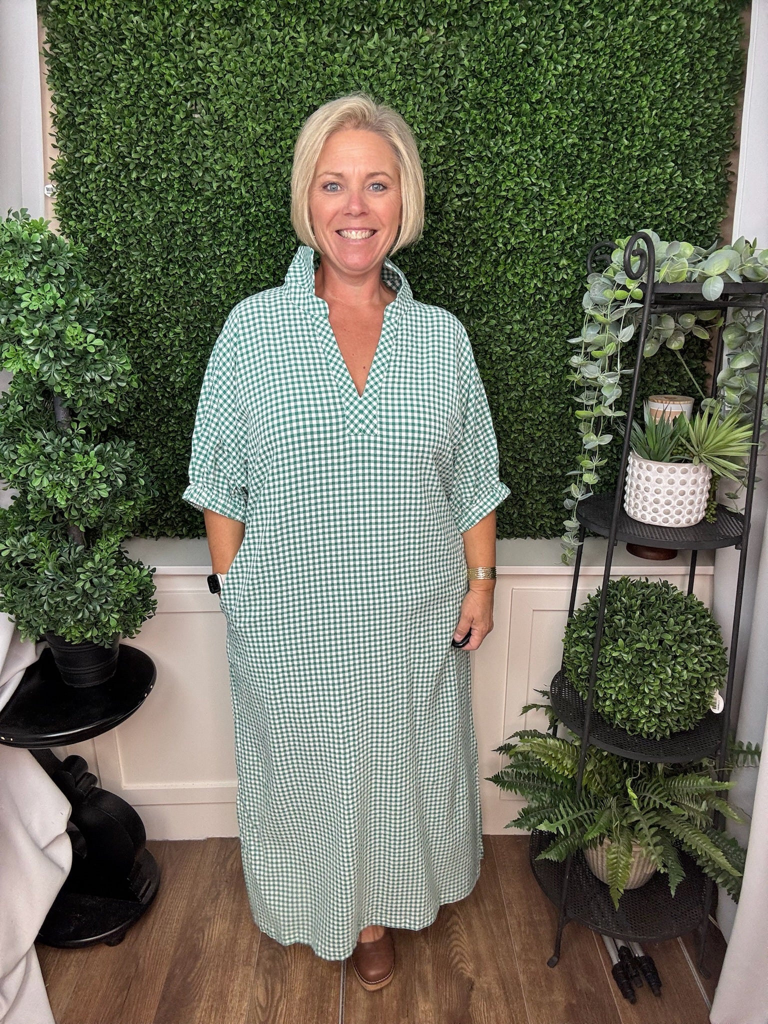 GINGHAM SHORT SLEEVE MAXI DRESS - KELLY GREEN