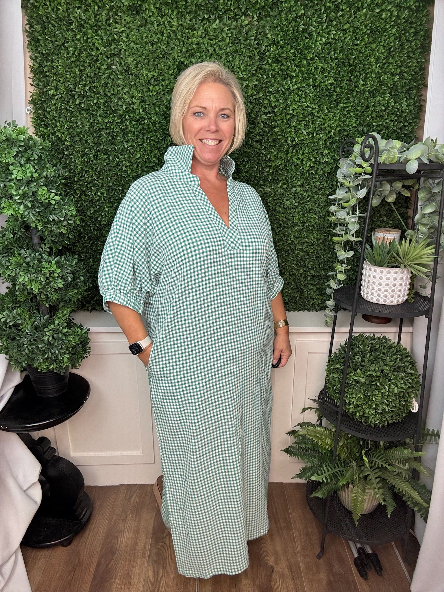 GINGHAM SHORT SLEEVE MAXI DRESS - KELLY GREEN