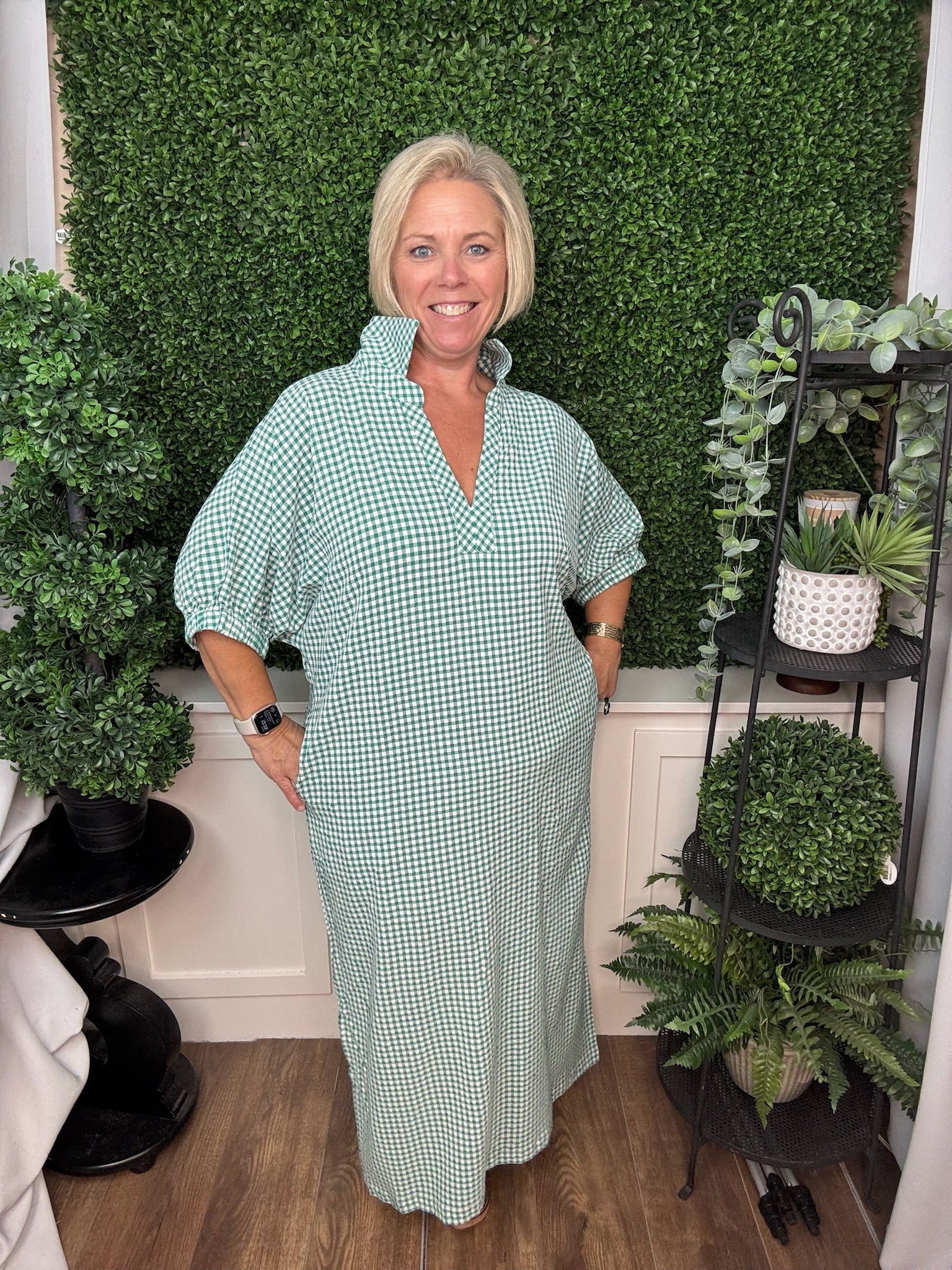 GINGHAM SHORT SLEEVE MAXI DRESS - KELLY GREEN