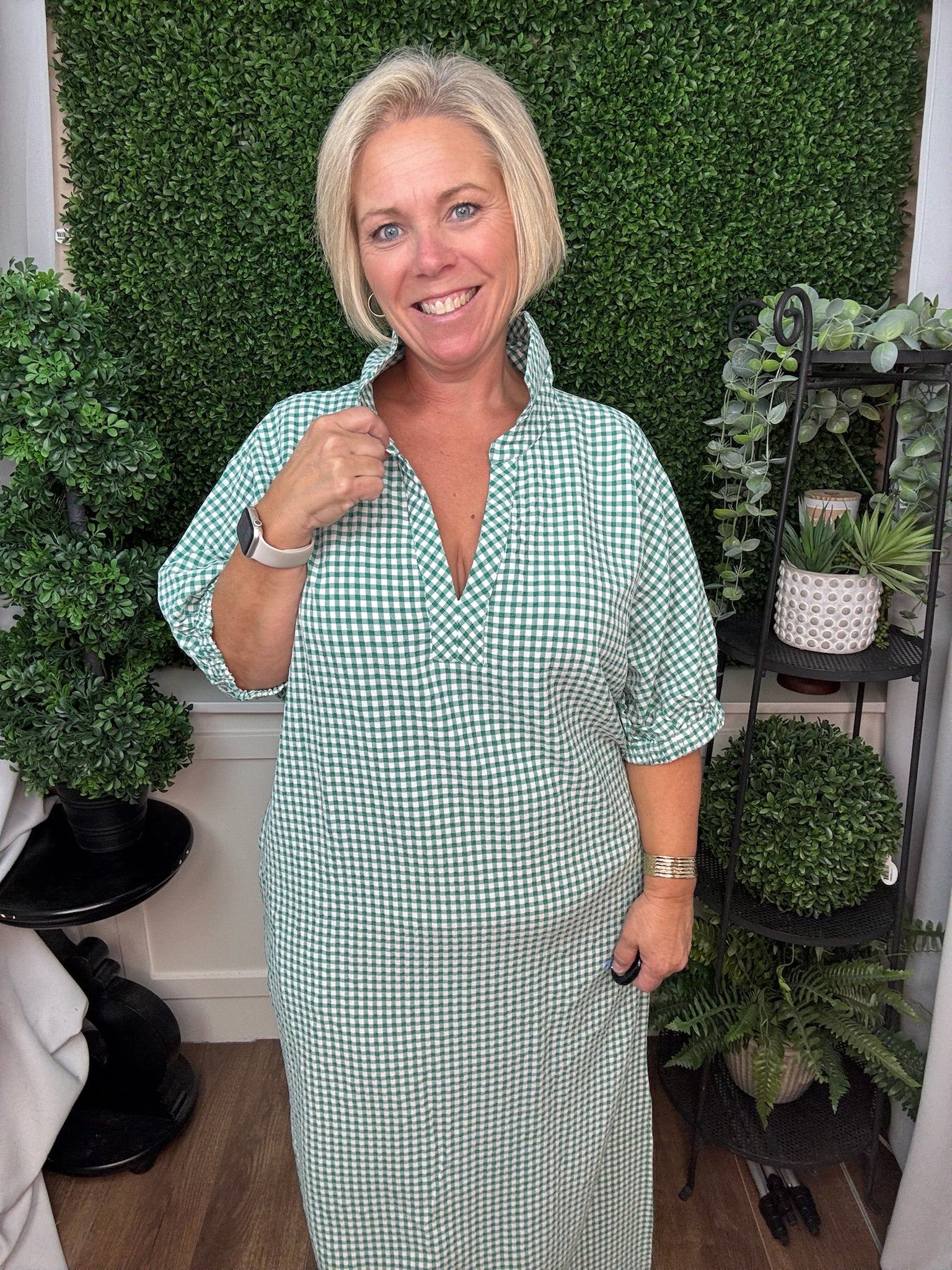 GINGHAM SHORT SLEEVE MAXI DRESS - KELLY GREEN
