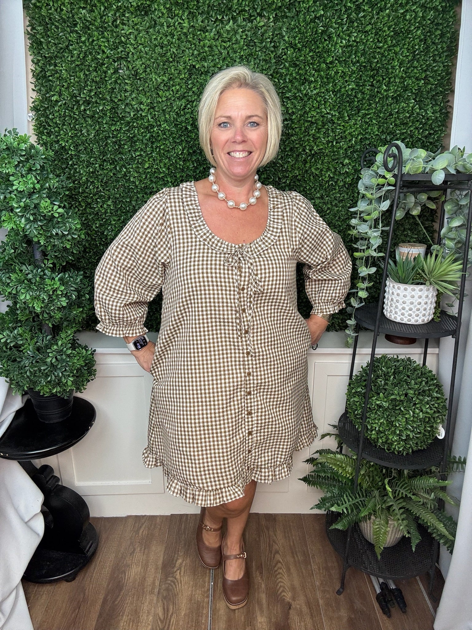 CHECK PRINT BUTTON FRONT MINI DRESS - CAMEL/CREAM