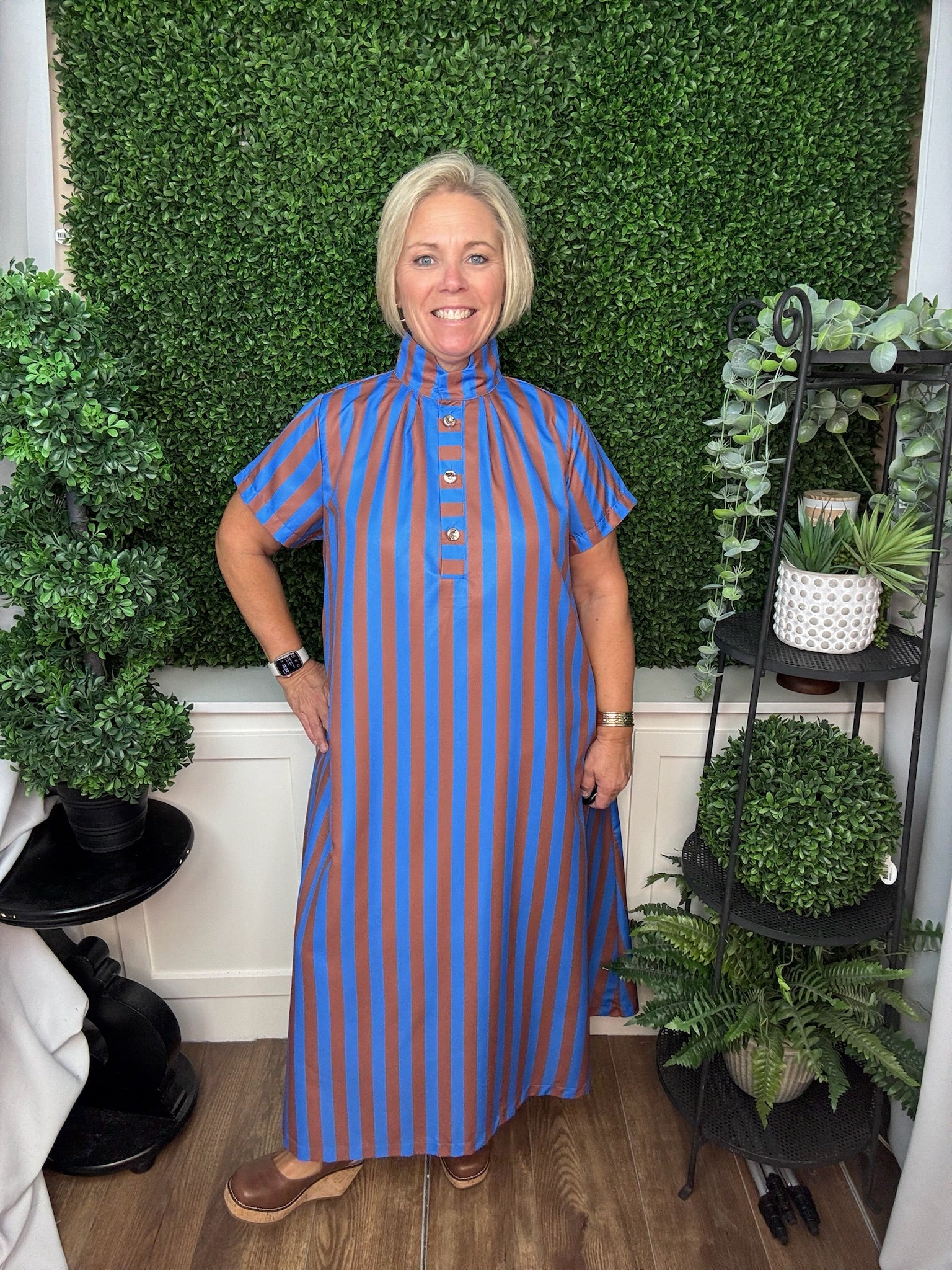STAND HIGH NECK COLLAR BUTTON DOWN STRIPE MIDI DRESS - ROYAL