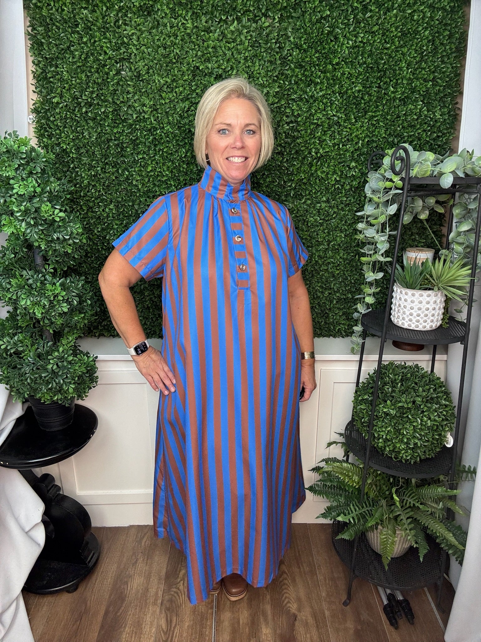 STAND HIGH NECK COLLAR BUTTON DOWN STRIPE MIDI DRESS - ROYAL
