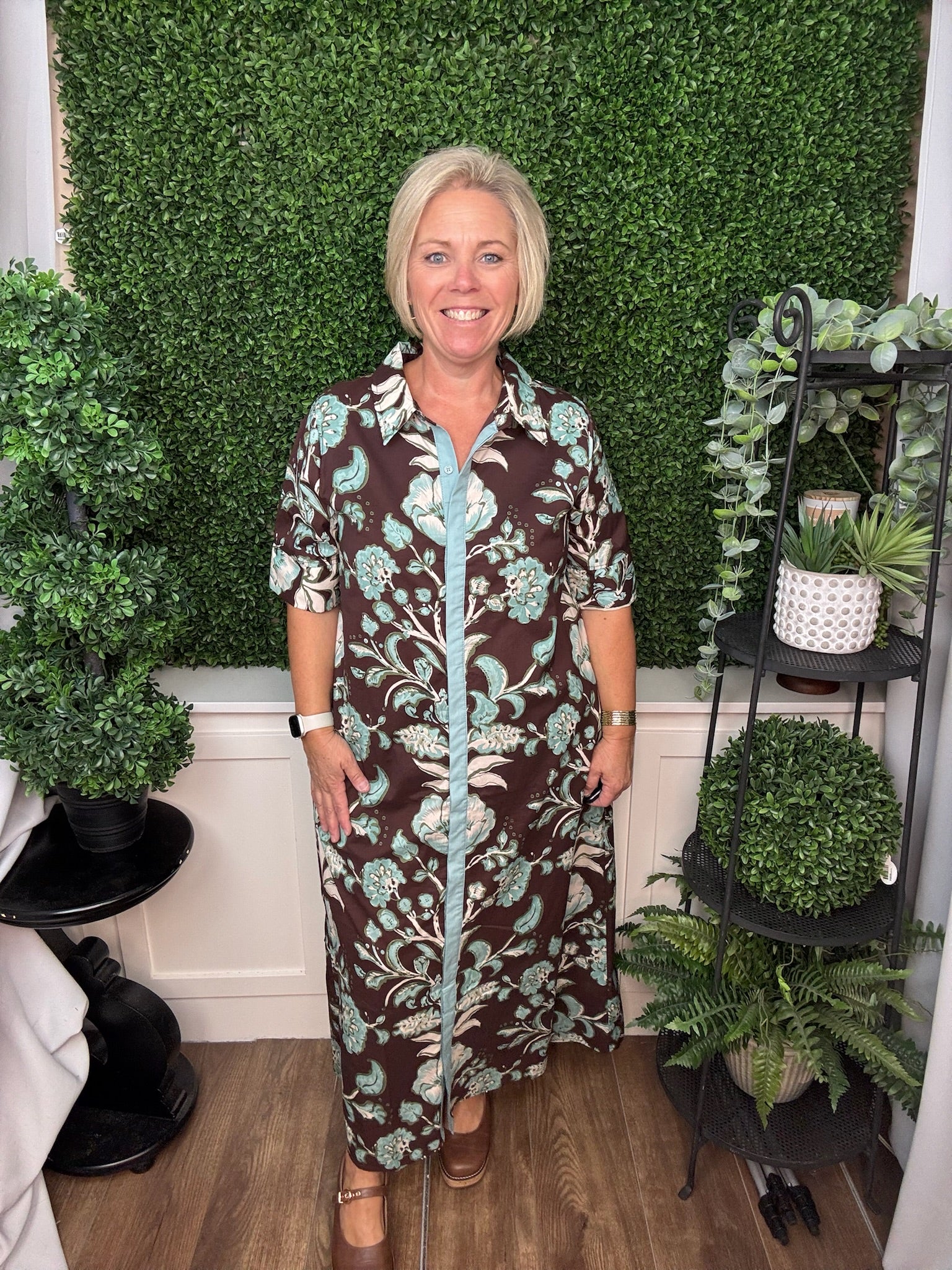 FLORAL CONTRAST TRIM SHIRT DRESS - CHOCOLATE