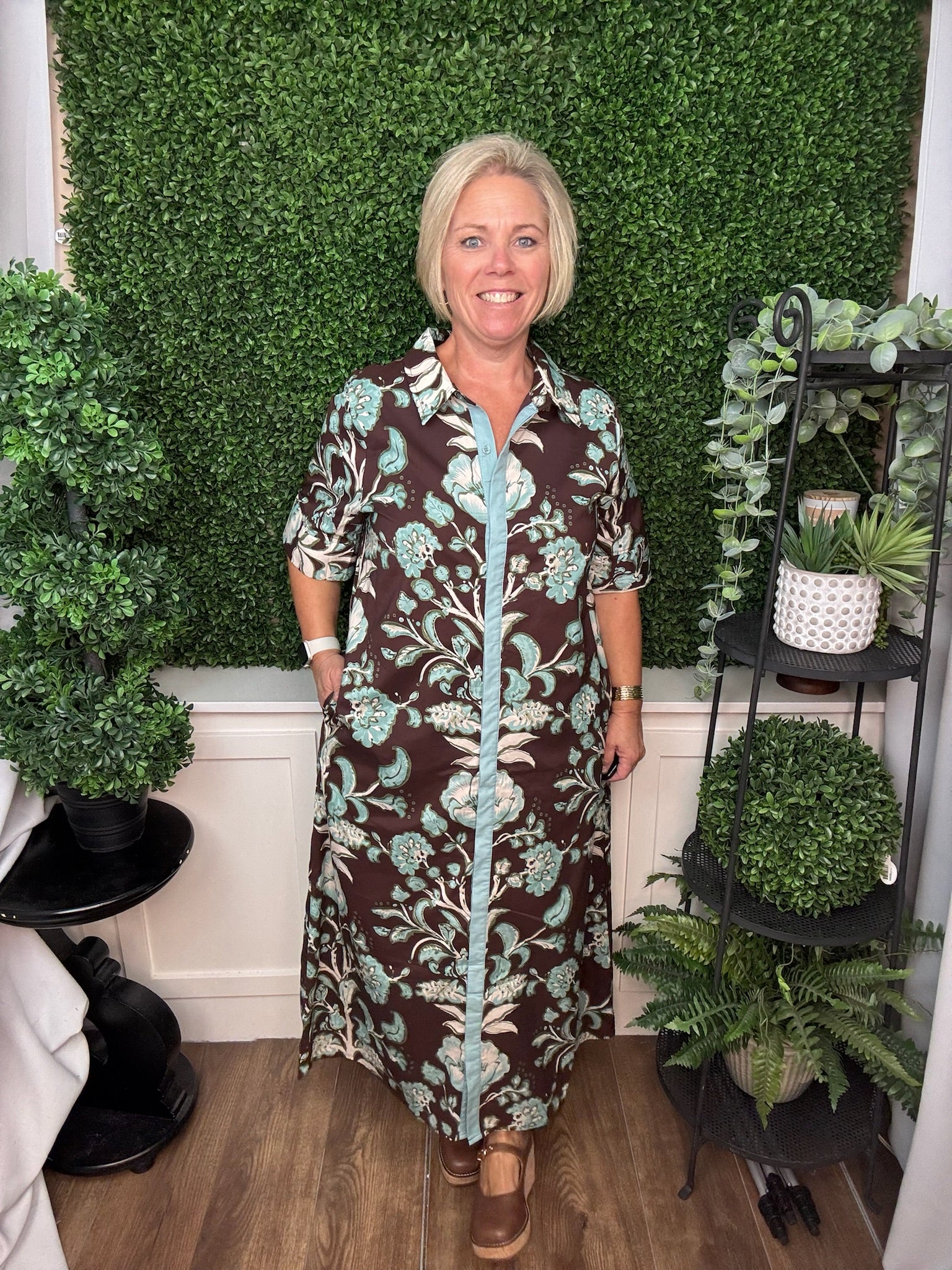 FLORAL CONTRAST TRIM SHIRT DRESS - CHOCOLATE